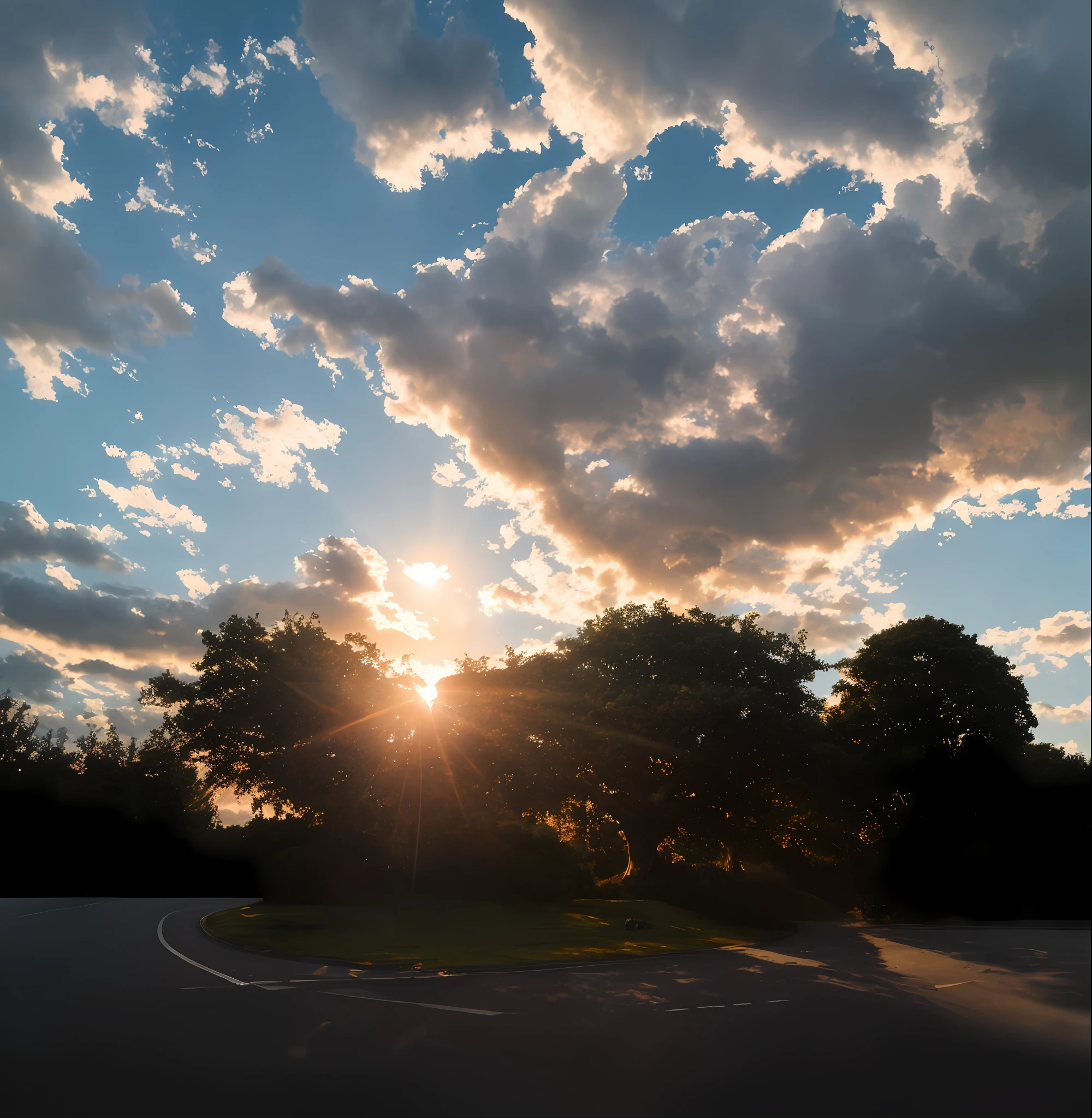 View of Aalfid at sunset,Background is clouds and trees, Beautiful Late Afternoon, filtered evening light, early morning sun in the sky, late afternoon sun, vibrant sky, the sun up on the sky is strong, glistening clouds in background, morning dramatic cinematic light, sun streaming in, dramatic morning light, Beautiful sky, weather photography, with dramatic sky