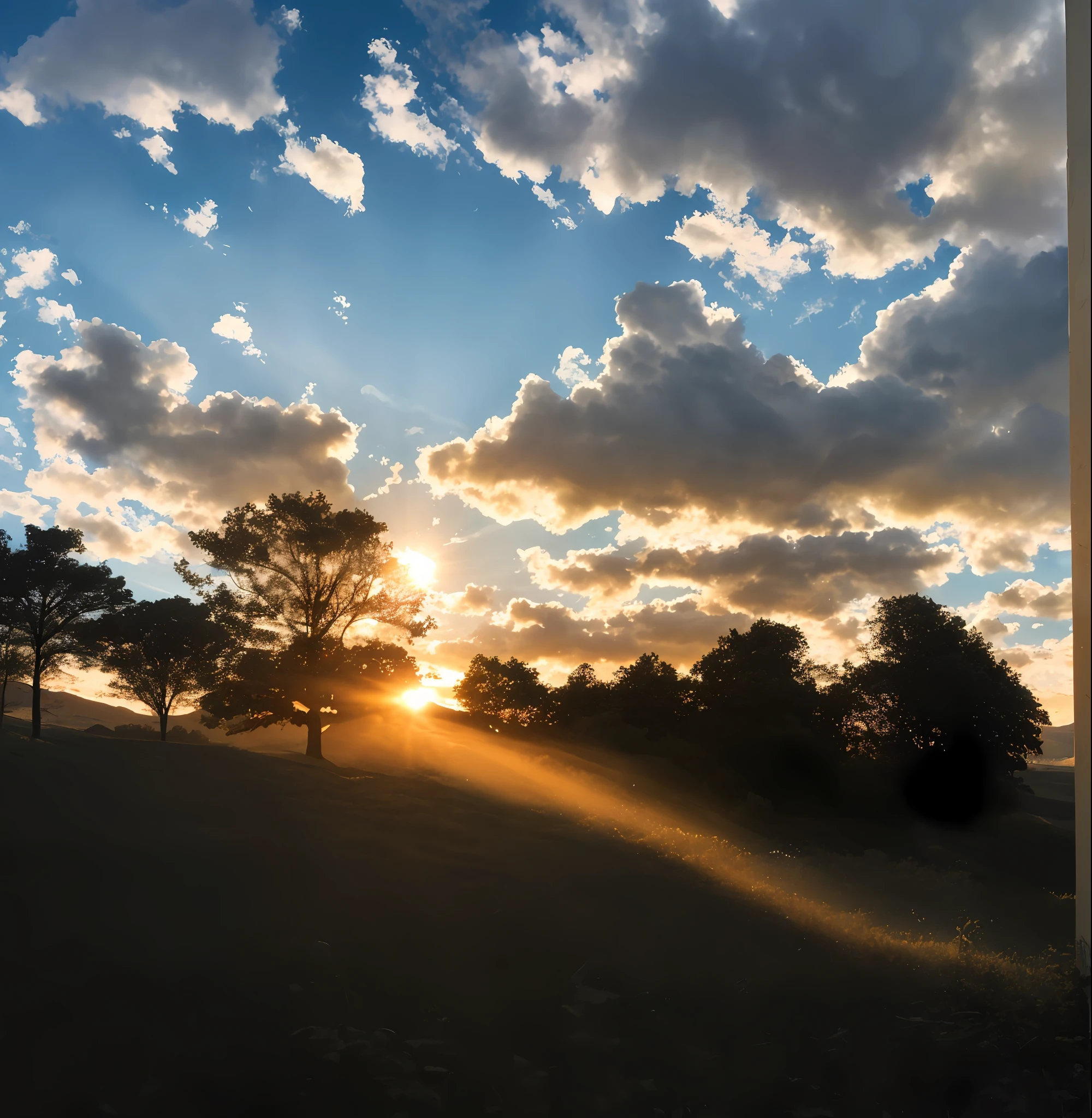 View of Aalfid at sunset，Background is clouds and trees, Beautiful Late Afternoon, filtered evening light, early morning sun in the sky, late afternoon sun, vibrant sky, the sun up on the sky is strong, glistening clouds in background, morning dramatic cinematic light, sun streaming in, dramatic morning light, Beautiful sky, weather photography, with dramatic sky