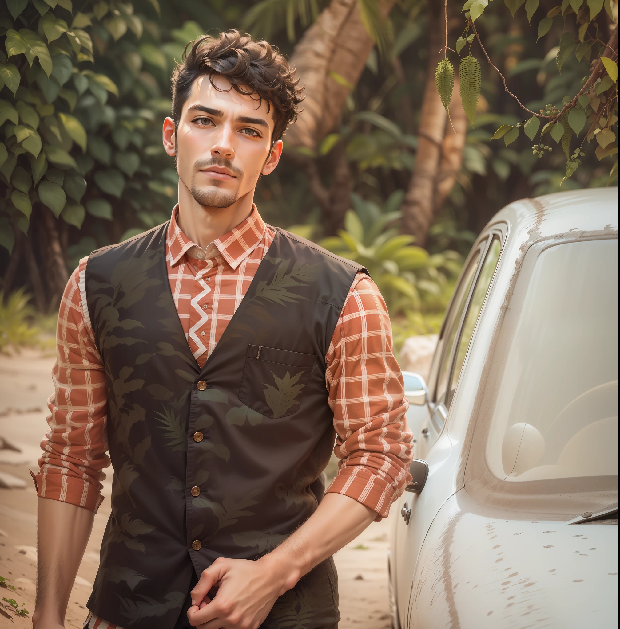 A man in a stunning white suit, in a jungle paradise, perfect day, close-up, clean-shaven, raw, 8k UHD, black hair, brown eyes, with an nice car