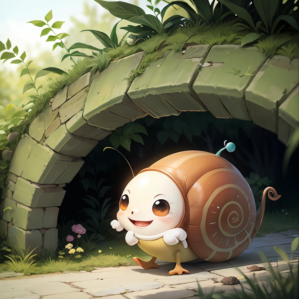 Funny, cheerful Snail, in Disney cartoon style, walks briskly on a white backgroun --auto --s2