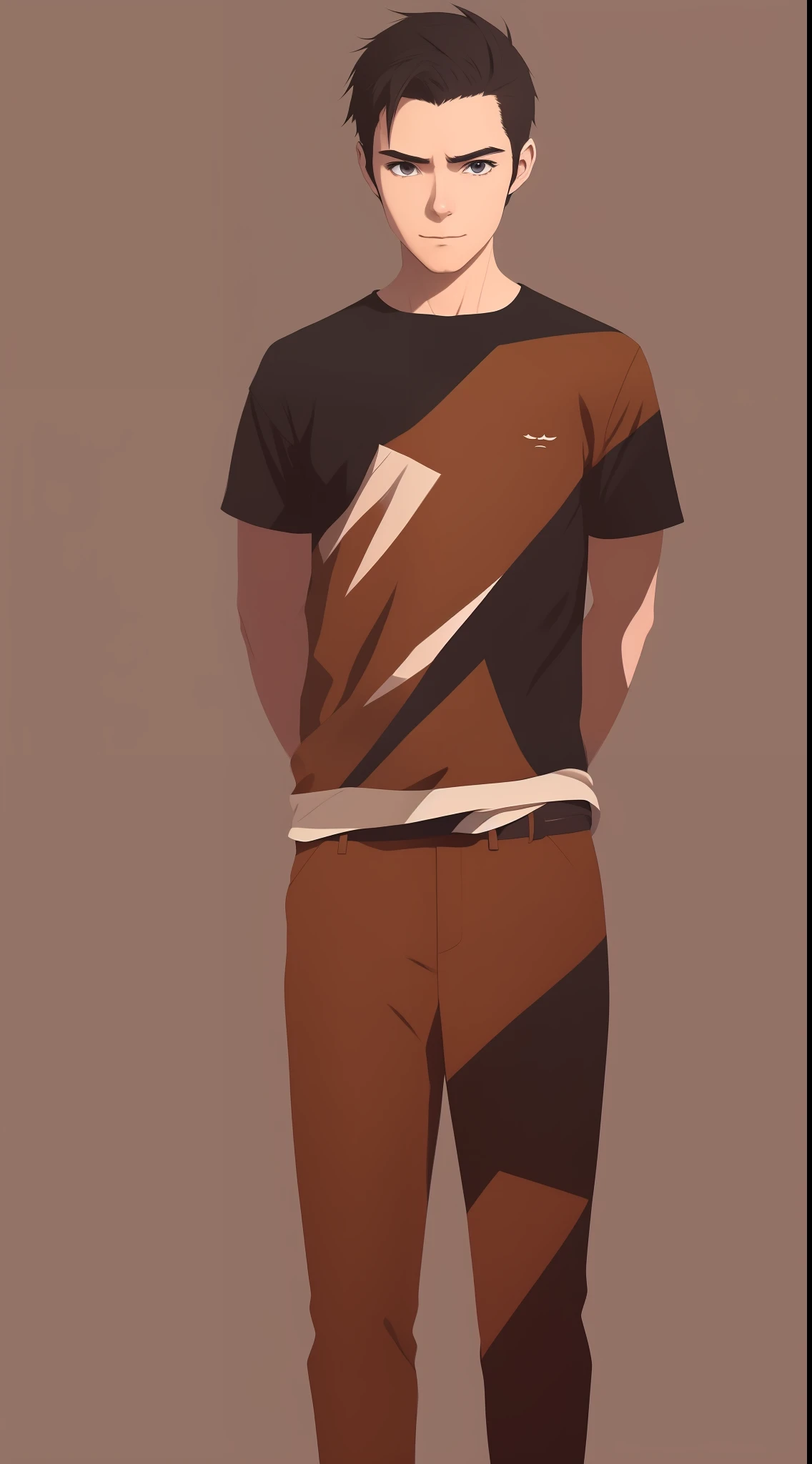 [by Artgerm and WLOP and Ilya Kuvshinov and RHADS and Loish and Rossdraws] by artist "anime", Anime Key Visual, Japanese Manga, Pixiv, Zerochan, Anime art, Fantia, young man with 20 years of short brown hair, (((full body))), black shirt, slim, Corte quiff