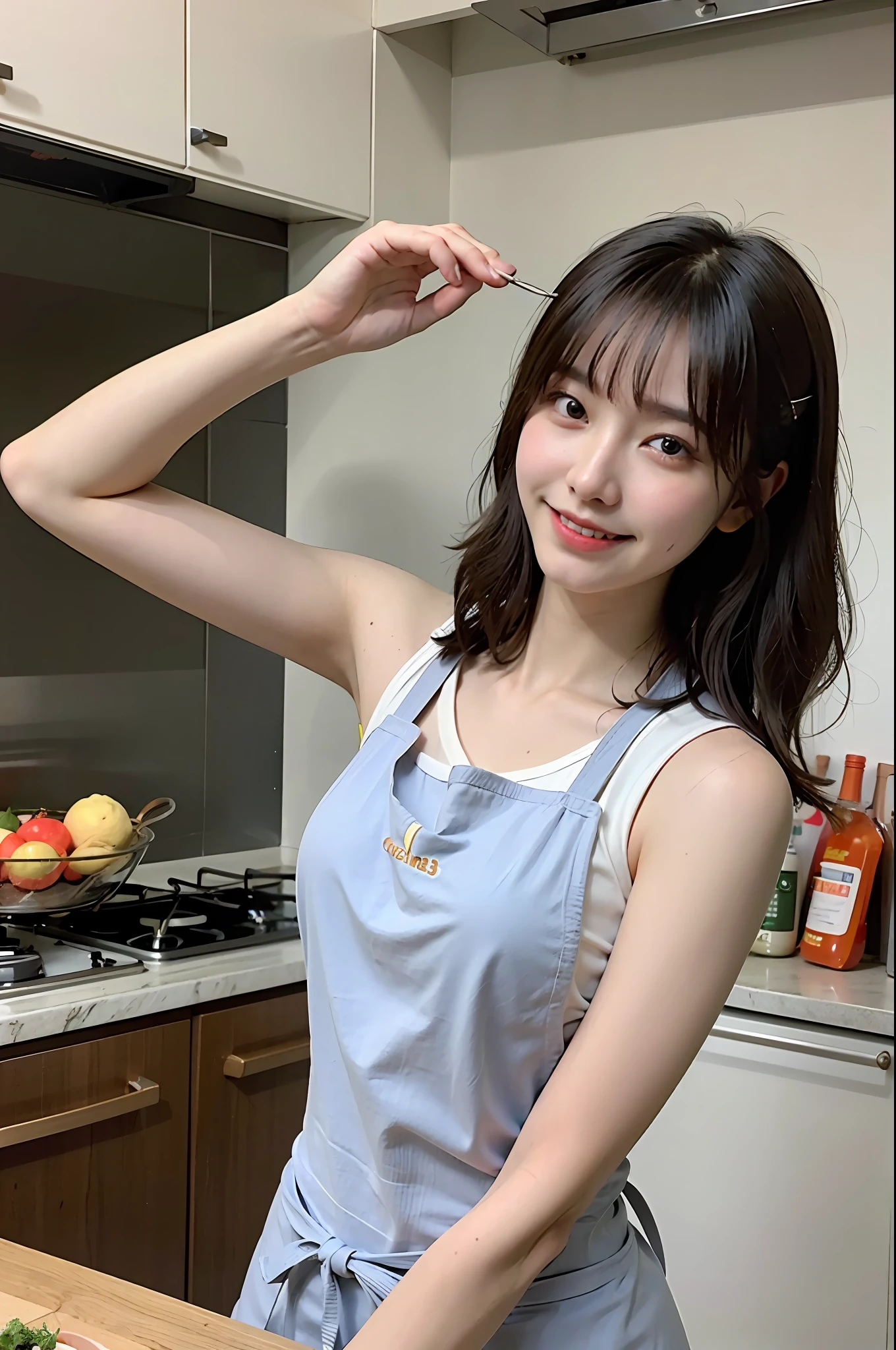a woman is cooking、(kitchin_Apron:1.Wear 3)、Good Hand、4K、hight resolution、​masterpiece、top-quality、Cap:1.3、((Hasselblad photo))、Fine skin、foco nítido、(lighting like a movie)、Soft lighting、dynamic ungle、[:(详细的脸:1.2):0.2]、Medium chest、sweats streamed skin:1.2、(((In the kitchen))) Cute smile　Viewer's Perspective　Colossal tits　Tying hair　Sleeveless　Put out your upper arm　Shoulders are sticking out　Cleanliness　Large kitchen　Beautiful kitchen　wine glasses　Show ears