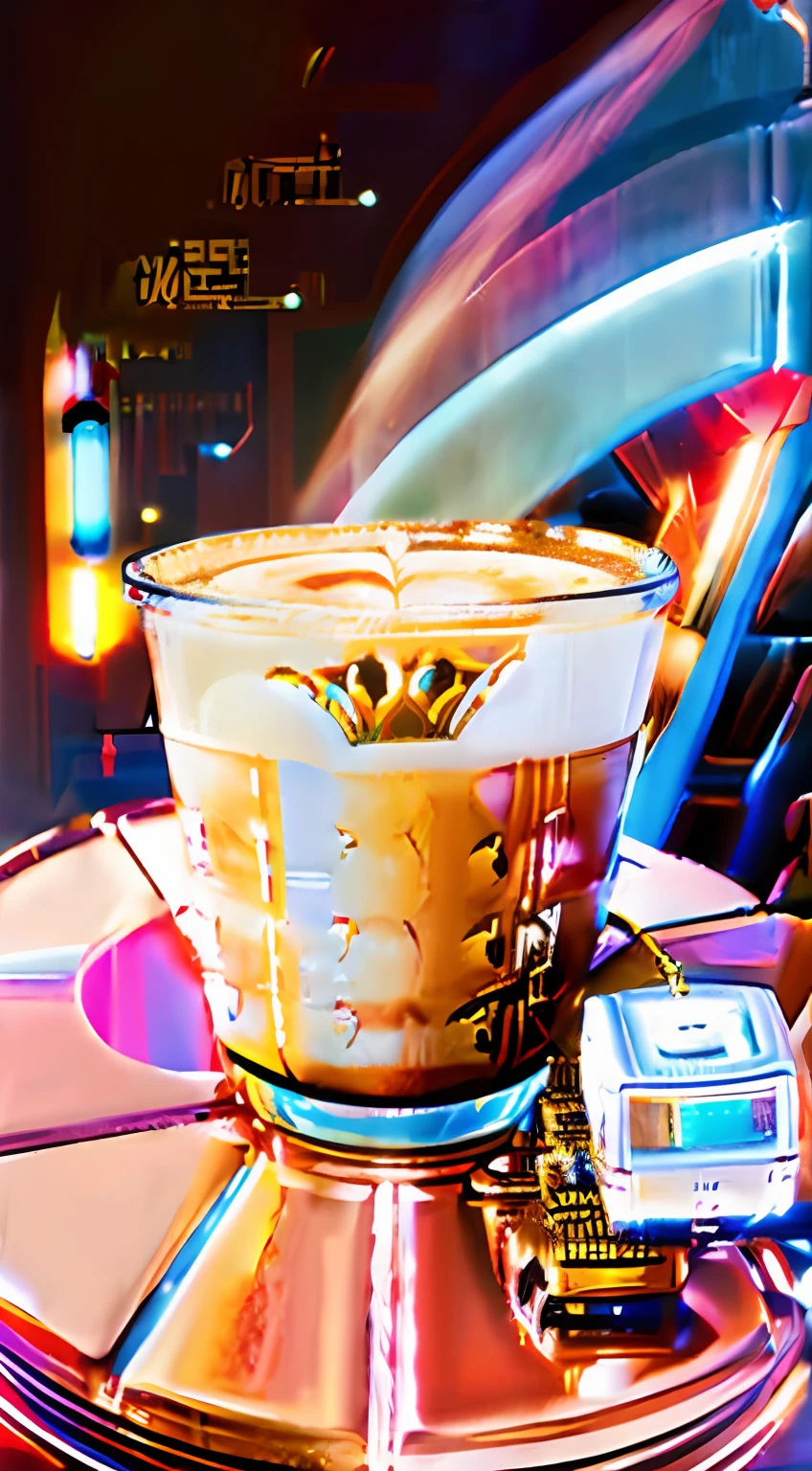 There was a cup of coffee, The ice latte has a time scale in the center of the clock dial, There is a delivery man on a motorcycle in the lower right corner,There is a box on the back seat of the motorcycle,There is no clock in the lower right corner/imagine prompt: photography of, Proportional, first person perspective, Realistic 3D, Cinematic light, fantasy, hyper qualit, futuristic robotic
