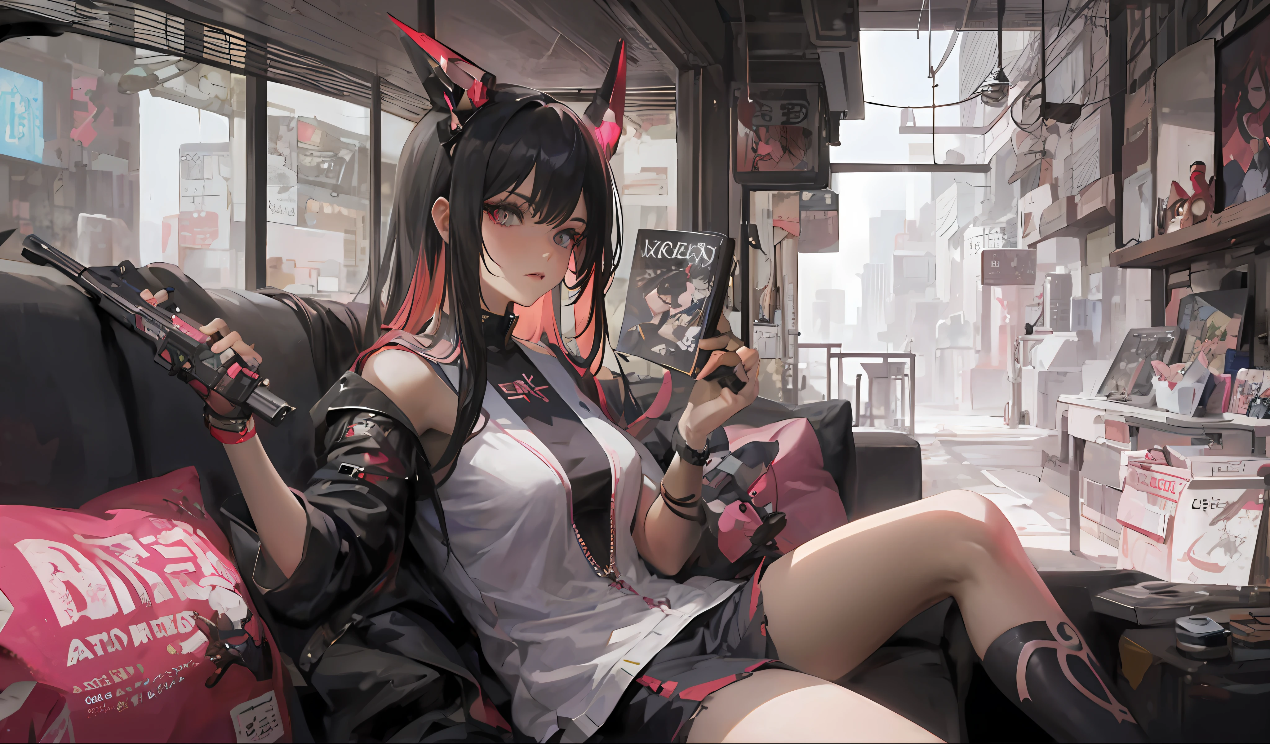 There was a woman sitting on the couch，holding a gun in her hand, Digital cyberpunk anime art, anime cyberpunk art, Guviz-style artwork, cyberpunk anime girl, cyberpunk anime art, female cyberpunk anime girl, Anime cyberpunk moderno, digitl cyberpunk - anime art, Badass anime 8 K, anime cyberpunk, seductive anime girls