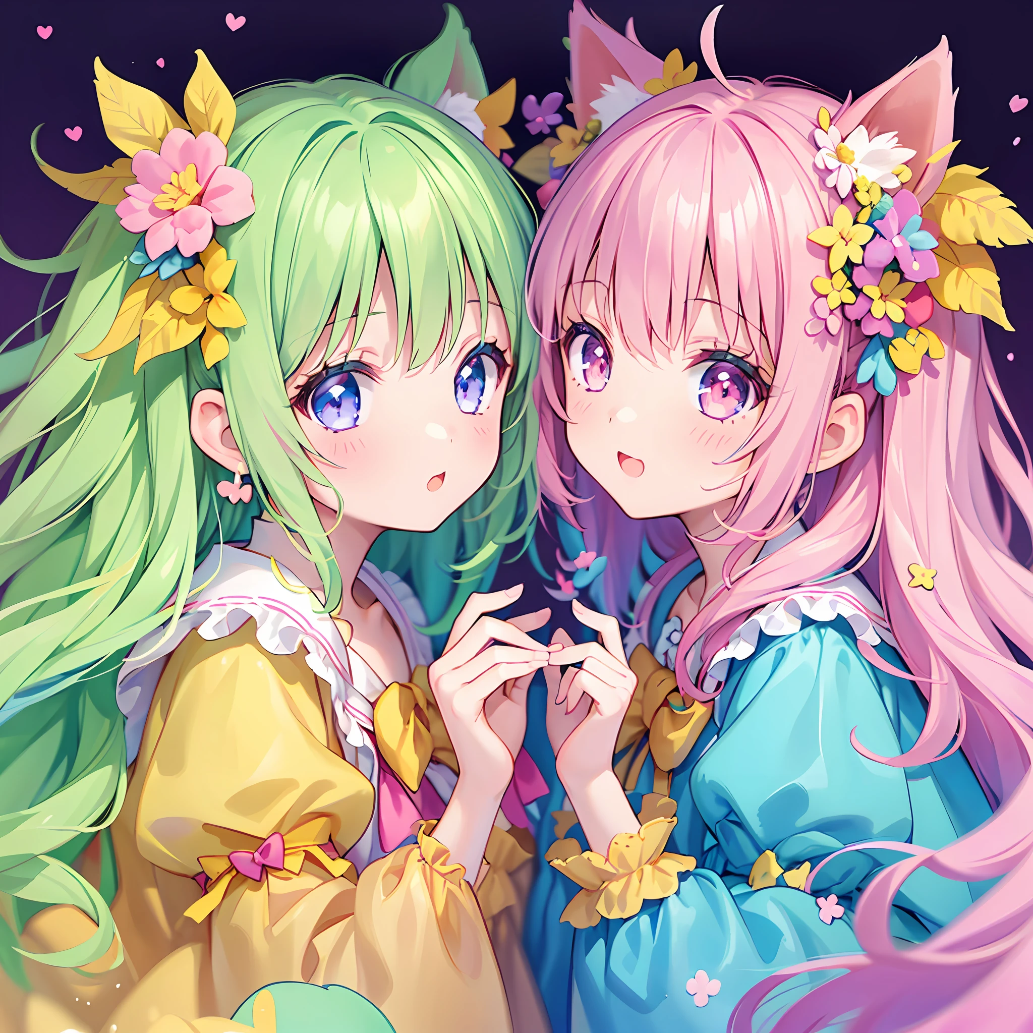 masterpiece, (2girls), idol, closeup, big eyes, kawaiitech, kawaii, cute, pastel colors, best quality, happy, deep background, symmetrical, tilted head