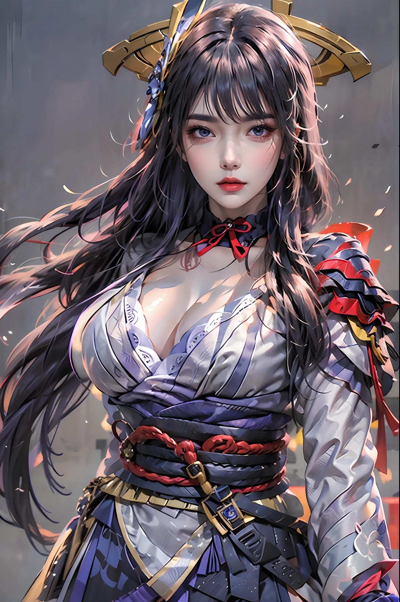 photorealistic, high resolution, 1 girl, hips up, long hair, beautiful eyes, normal breast, raiden shogun costume