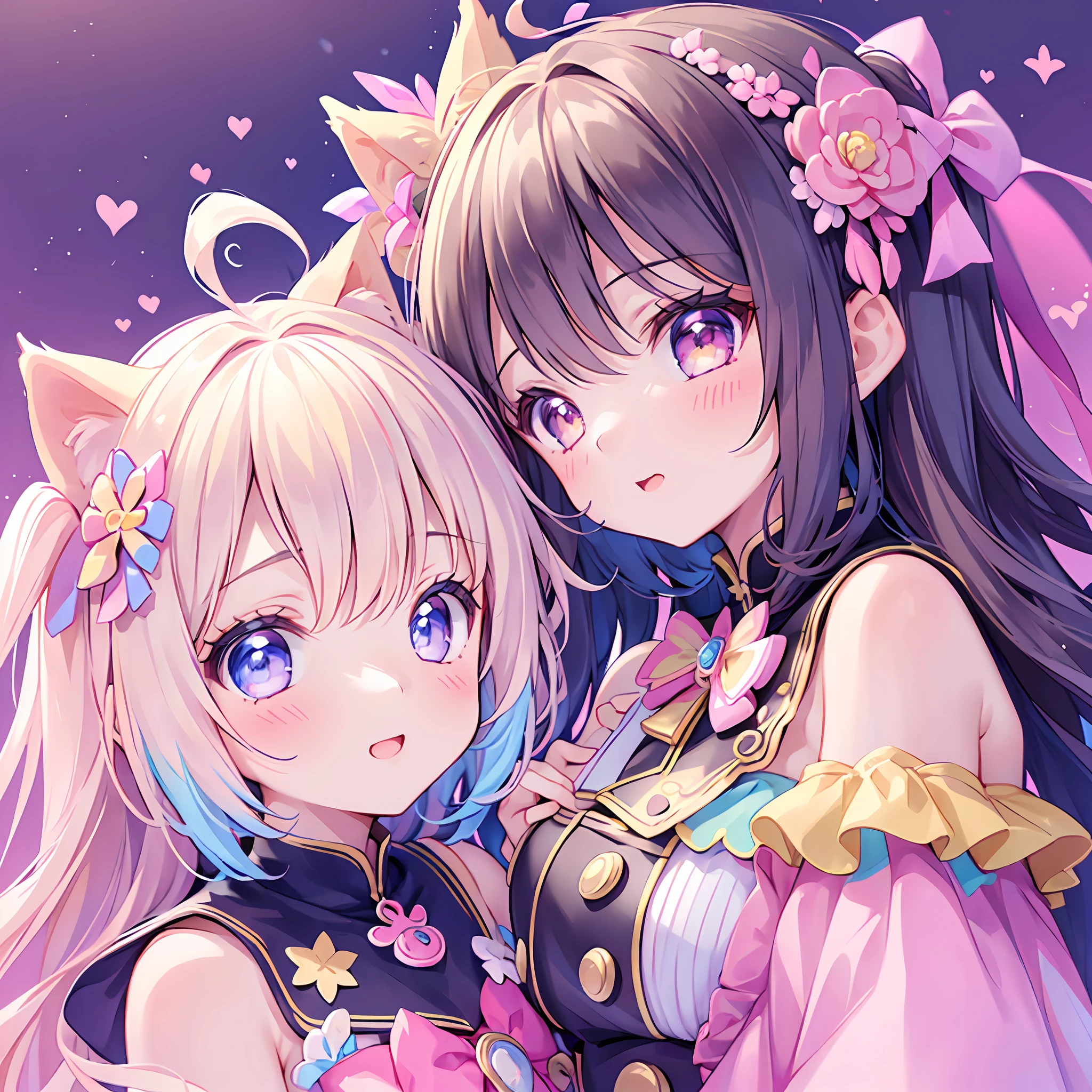 masterpiece, (2girls), idol, closeup, big eyes, kawaiitech, kawaii, cute, pastel colors, best quality, happy, deep background, symmetrical, tilted head
