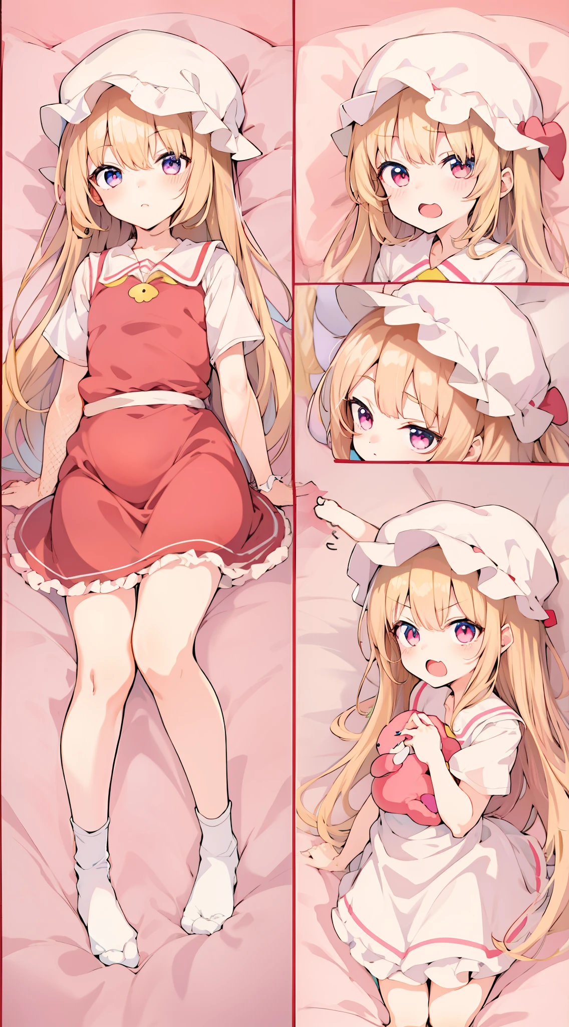 Anime girl sitting on bed,There are plush toys and stuffed animals, in dress, small curvaceous lolilash art anime Loli, cunime waifu in a nice dress, anime visual of a cute girl, Cute anime girl, small loli girl, a best girl, Loli, seductive e girls, Blonde anime girl with long hair, Anime girl