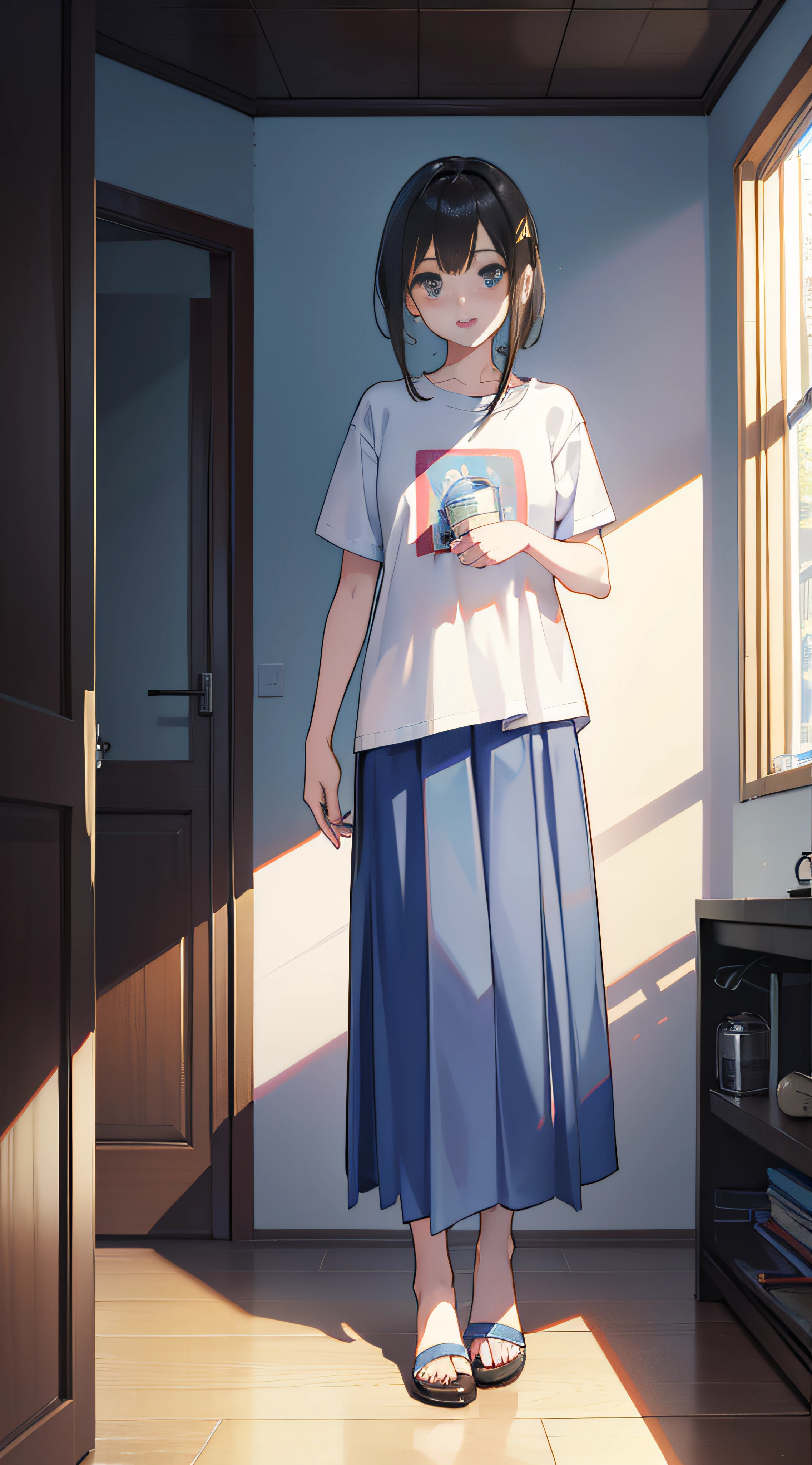 ((top-quality)), ((​masterpiece)), (detaileds:1.4),Boyish girl standing in shirt in city、Light blue shirt、long  skirt((Brownish)), summer clothing ,Longhaire,brown ,a smile、Woman laughing, modern casual clothing, casual clothing style, casual modern clothing, Laughing with open mouth、 full body length, Full body， HDR(HighDynamicRange),Ray traching,NVIDIA RTX,Hyper-Resolution,Unreal 5,sub-surface Scattering,PBR Texturing,Postprocess,Anisotropy Filtering,depth of fields,Maximum clarity and sharpness,multi-layer texture,Albedo and specular maps,Surface Shading,Accurate simulation of light-material interactions,perfectly proportions,Octane Rendering,Two-tone lighting,Wide aperture,Low ISO、White Balance、thirds rule、8K RAW、