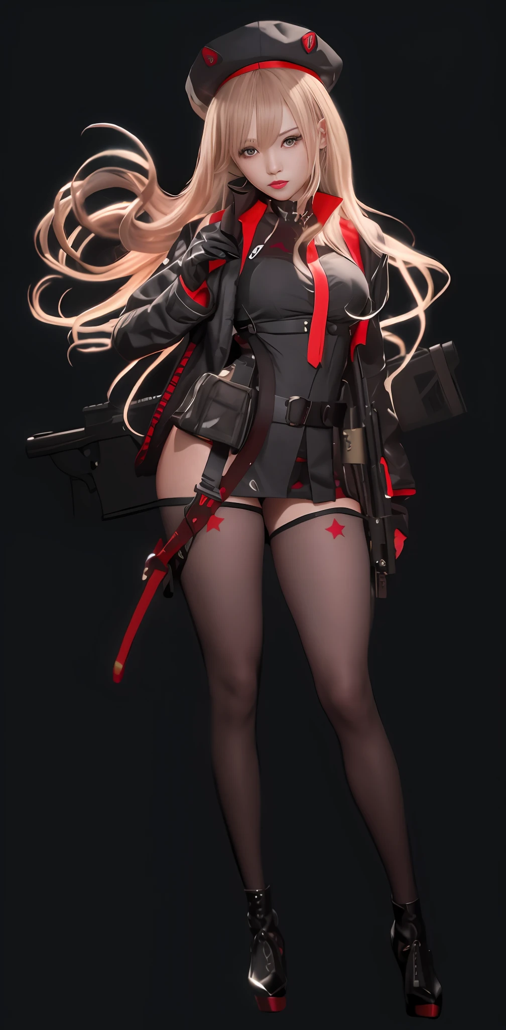 Goddess of Japan with a gun on her back, Wearing a red and black hat and a red and black uniform、Cosplay Gravure Idol、long hair with voluminous brown blonde hair,,,,,,,,,,,,,,,,,,,,,,,,,,,、G Cup、Wearing a black crop jacket with a large collar、Wearing black instep and red palm gloves、The right hand grabs the shoulder strap of the gun on the back at the base of the shoulder.、The waist belt comes with several small pouches、Bullets hang from both sides of the hips to the thighs、Red band hanging from under the chest、Black garter stockings with red star logo、Wear short boots with high heels in red and black intricate design