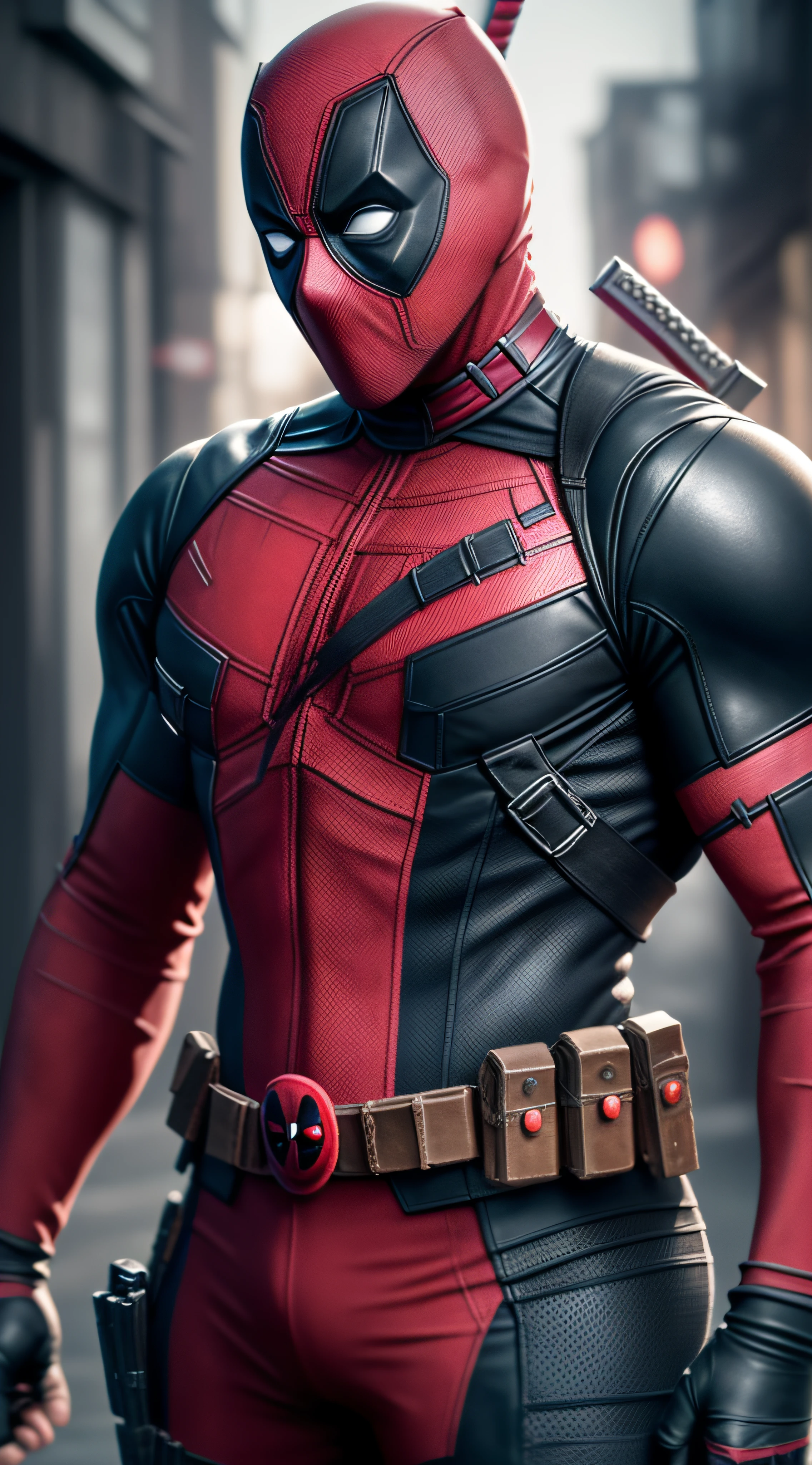 Deadpool, muscular, lean physique, black and red suit, tight spandex suit, spandex black and red mask, ((no ears)), 2 katanas hanging behind the back, straps on his chest, pistols on the waist, high resolution, ultra detailed CG Unity, cinematic lighting, shadings, 8k, trending on ArtStation, trending on CGSociety, center focus, alley
