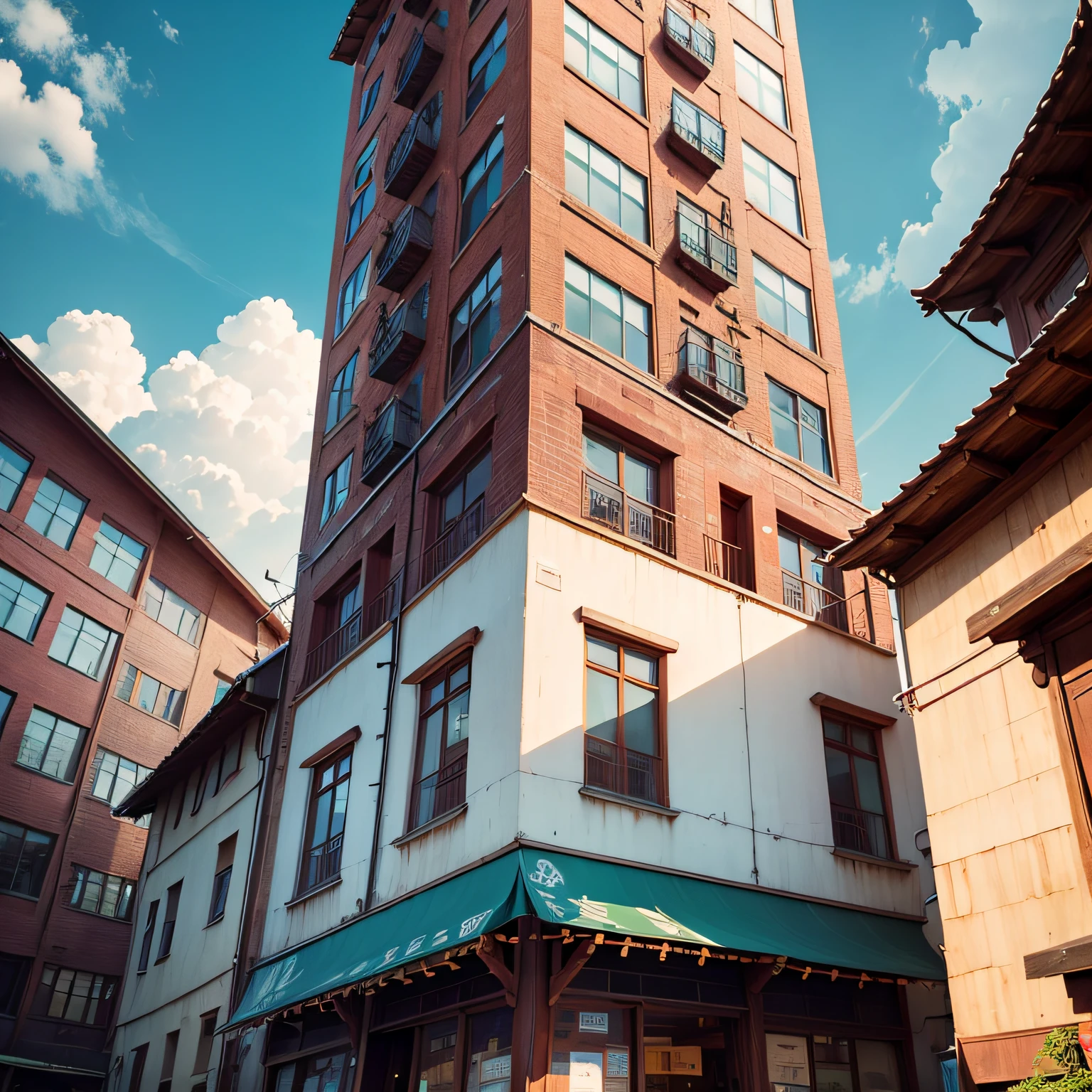 Ancient wind,Quaint,Chinese,Restaurant hostel,towering,The exterior of the entire building,wood,high rise,towering,Located in a bustling downtown area,Individual building,with blue sky and white clouds