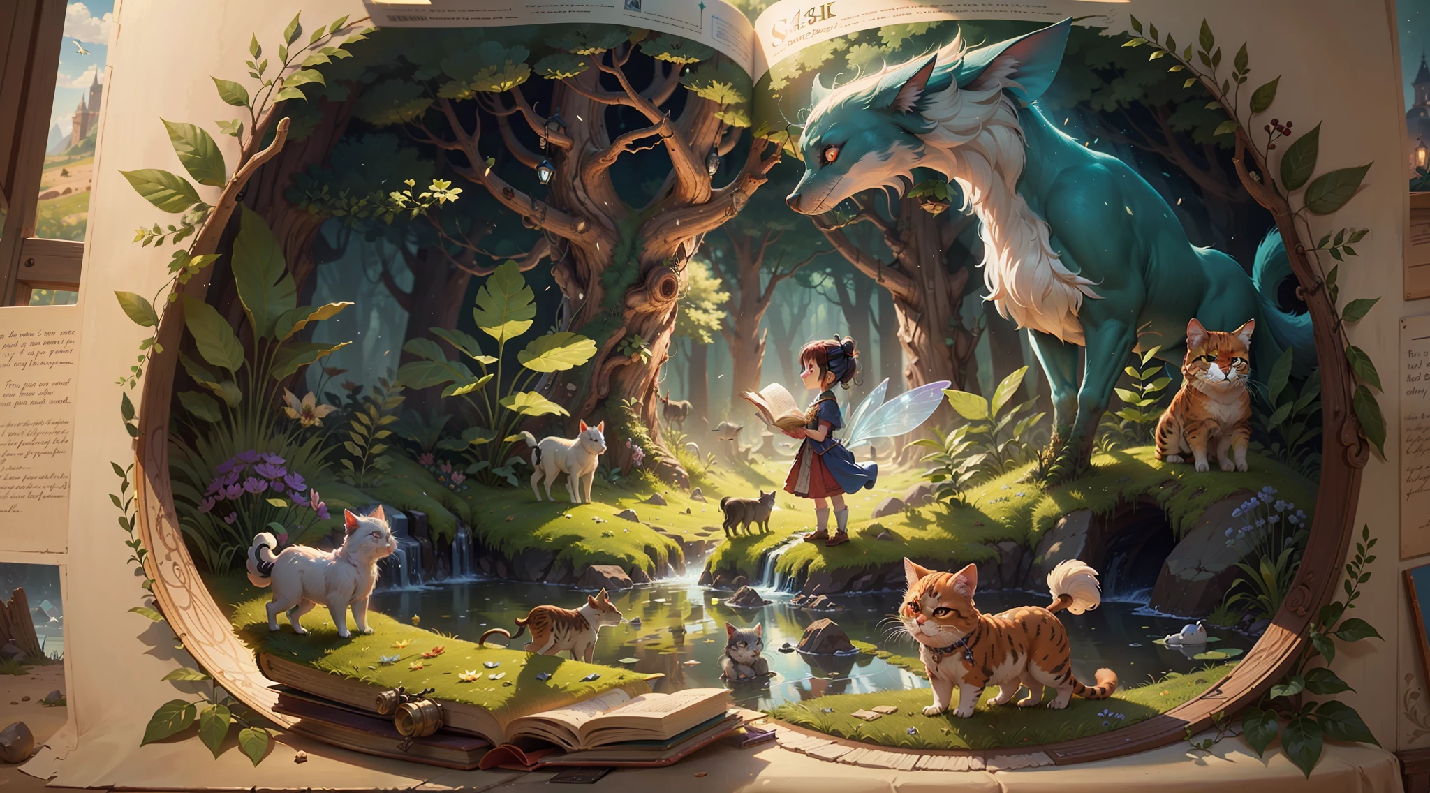 A fantastical fairy tale picture book, open state, animals and magical light emerge from the book, (((4K, masterpiece, high quality, high details)))