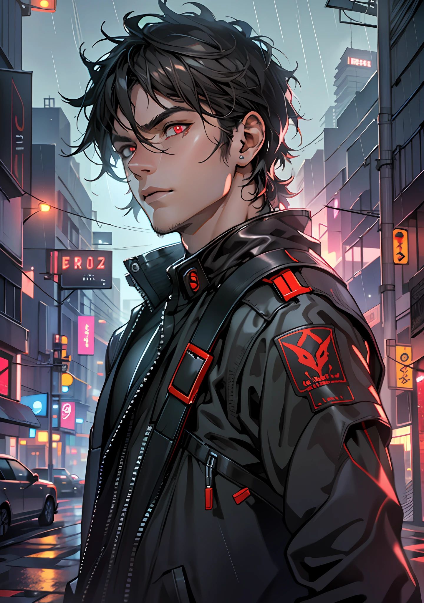 ultra-detail, high-resolution, A highly detailed, Best Quality, superb, Top Quality, Highly detailed CG Module 8K rainy weather wallpaper, cinematic lighting, Fanboy Cat, cyberpunk, Dark Boy,Glowing red eyes