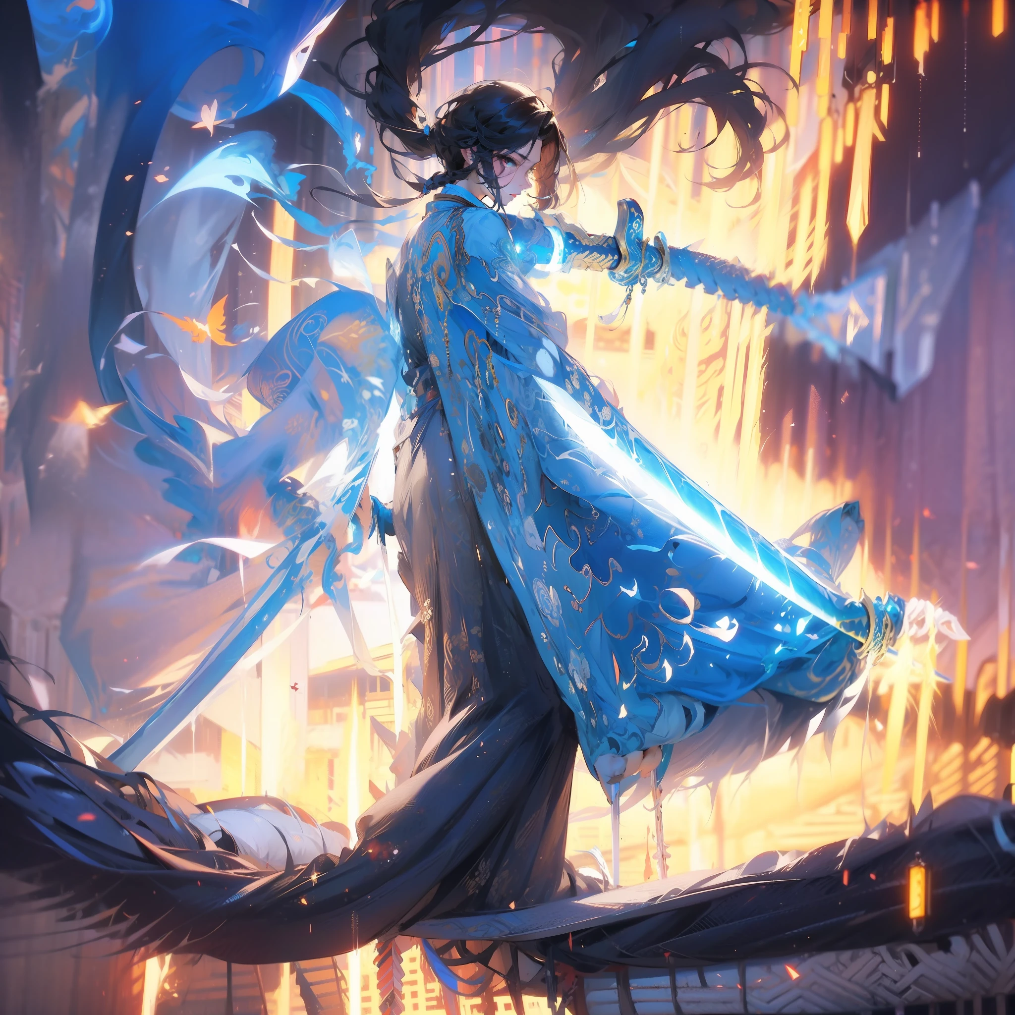The warrior stands on the building。There are several swords around his waist。Phoenix Nirvana in the background。