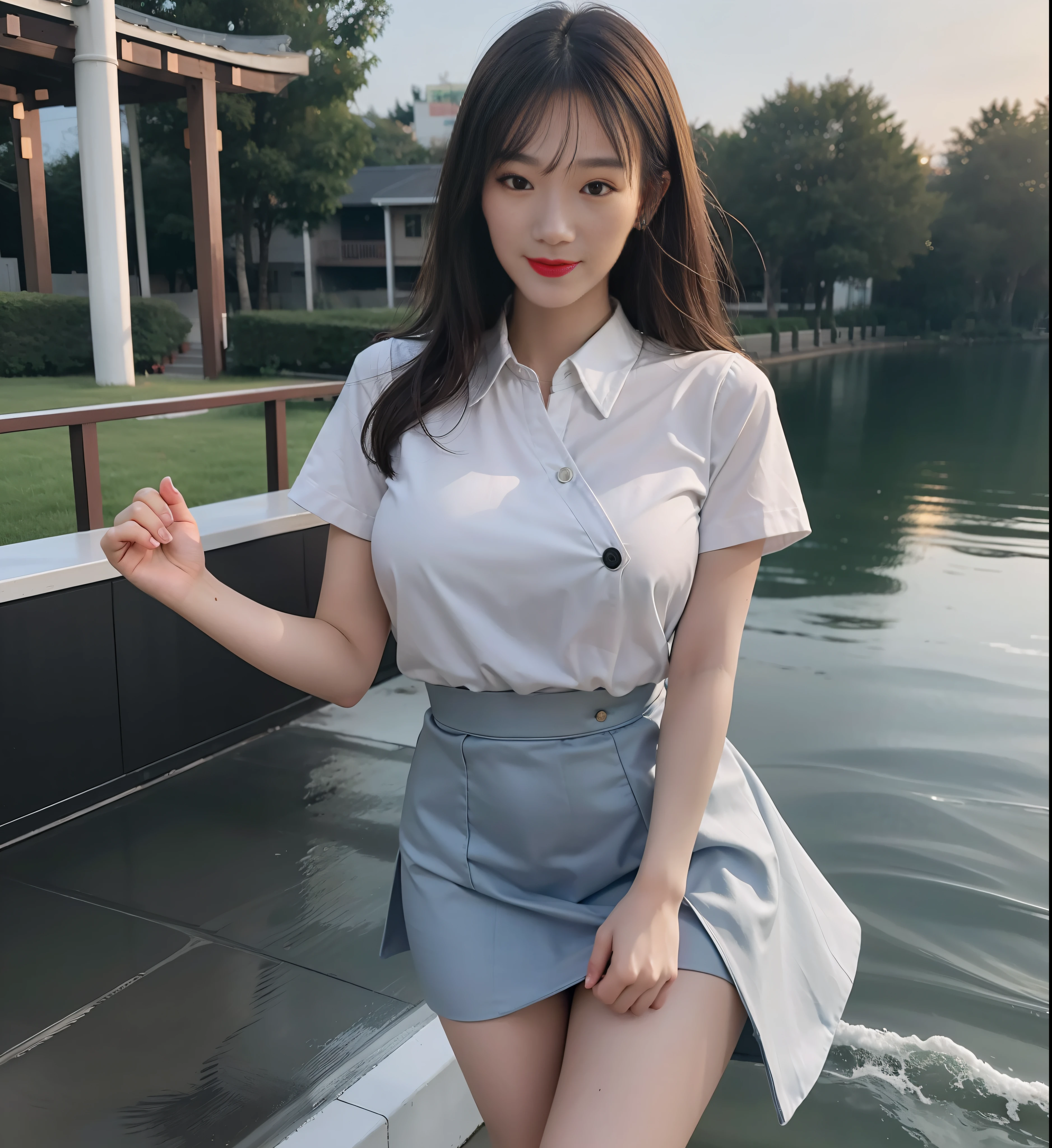 1girll,best qualityer,A 20-year-old Chinese girl with a delicate face,Silvery hair,nedium breasts(Weight 1.3),By bangs,School uniform short sleeves,deep v big breasts,Skirt that wraps hips,big laughter,Big waves,White Skin Skin,真实感,highdetailskin(Weight 1.2),textureskin,Glow skin,The audience gazes,super detailing,high high quality,Thin leg,beautifullegs,plumw,鎖骨,Eyes tease,ogle,dampness,profesional lighting,photon maping,,Gold underwear,leaking big breast,Penetrate,Miserable white skin,Brown hair,Toothy smile,Superskirt,