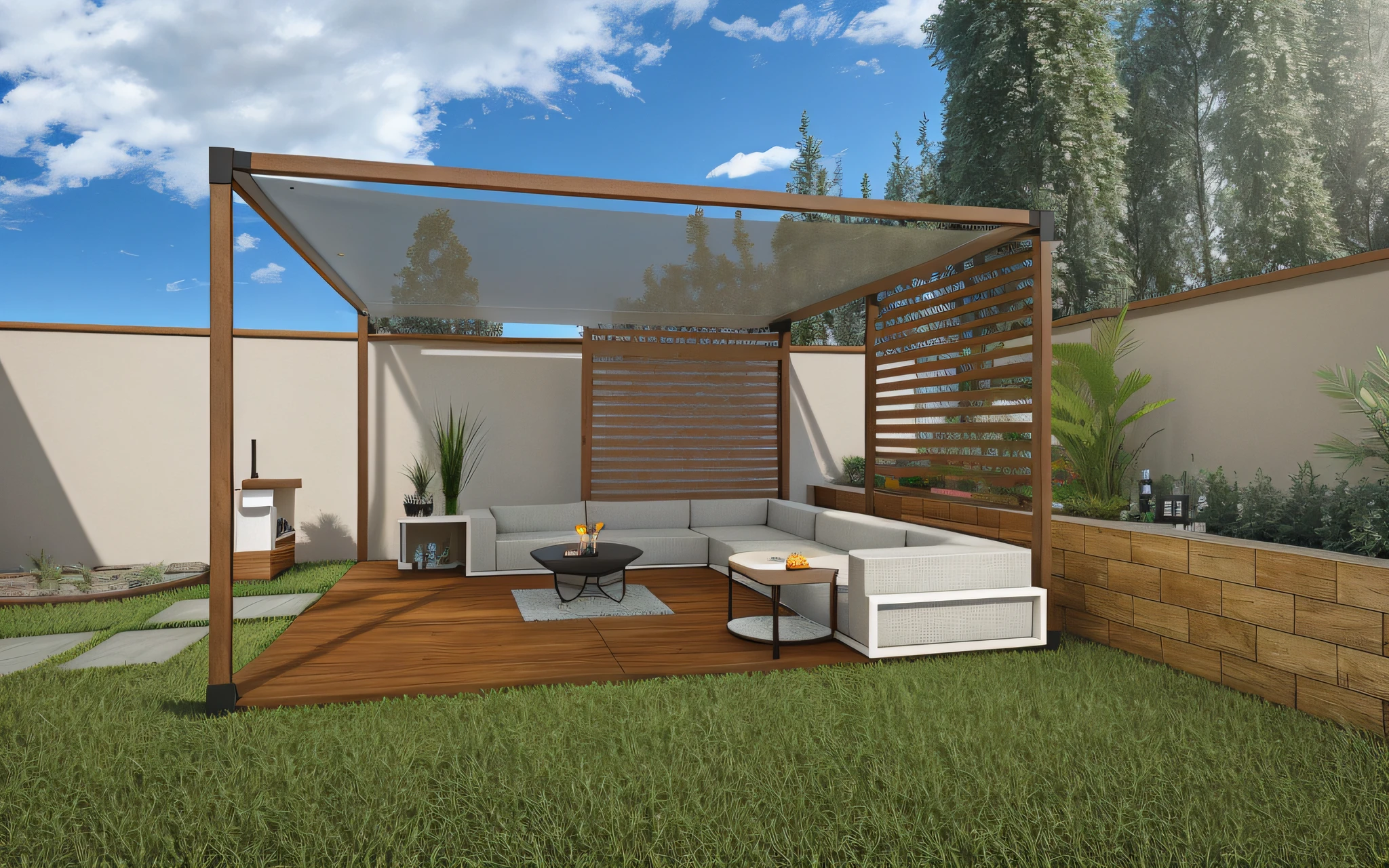Photo quality,Alafed outdoor living area with sofa and table, Outdoor Design, masterpiece,top-quality,ultra-detailliert,realisitic,Photorealsitic, 8K, foco nítido, highly detailed render, high quality render, Photorealistic style, terraces, archviz, a photorealistic rendering, high quality render, Ultra detailed scene, beautifully detailed render, photo realistic style