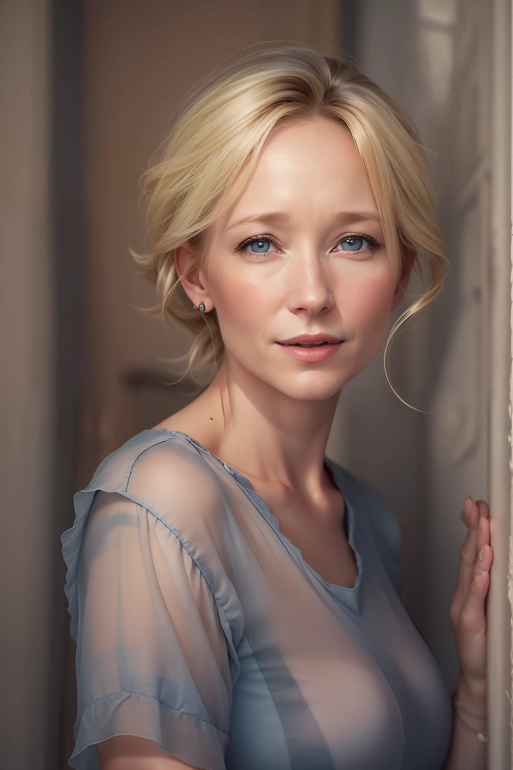 (((Anne Heche liegt im Bett))), (((Anne Heche guckt verliebt))), ((she has round breasts)), (she wears a dark blue top), (kleiner Kopf), ((detailliertes Gesicht)), (fotorealistisch), (Raytracing), (scharfer Fokus), ((natural realistic skin texture)), detaillierte Lippen, (sie hat viele Sommersprossen im Gesicht)), ((Portrait))