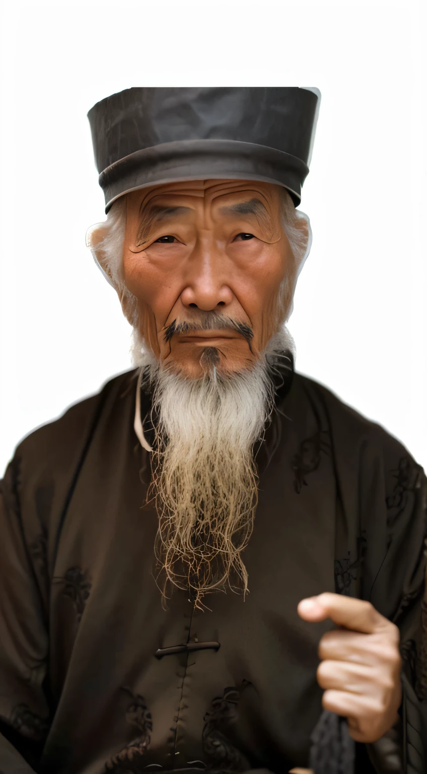 Close-up of a man with a long beard, Taoist, Chinese old man，geezer，90 years old，aged up，full of wisdom，Eyes