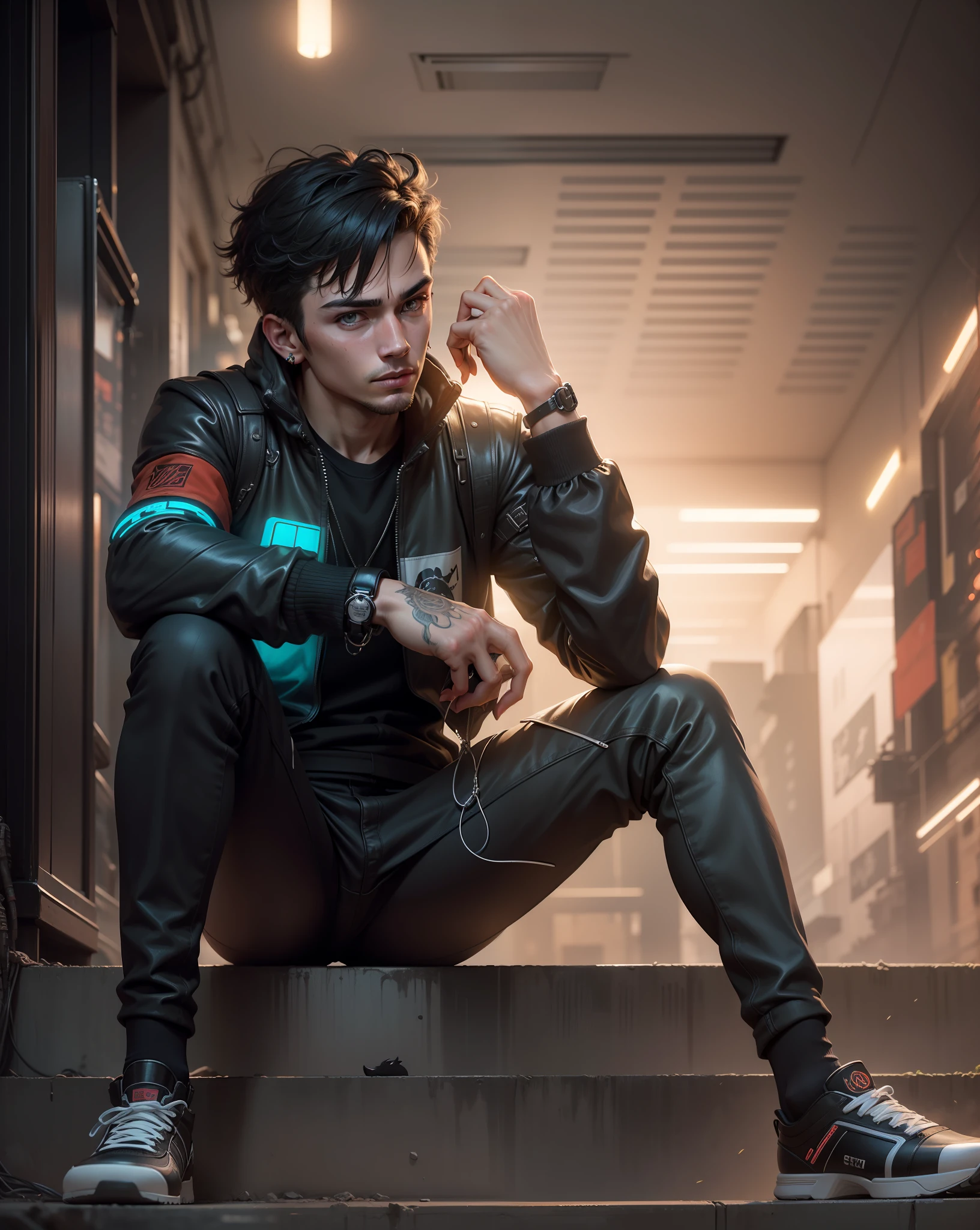 change background to cyberpunk, handsome boy, ultra realistic face,  black dog