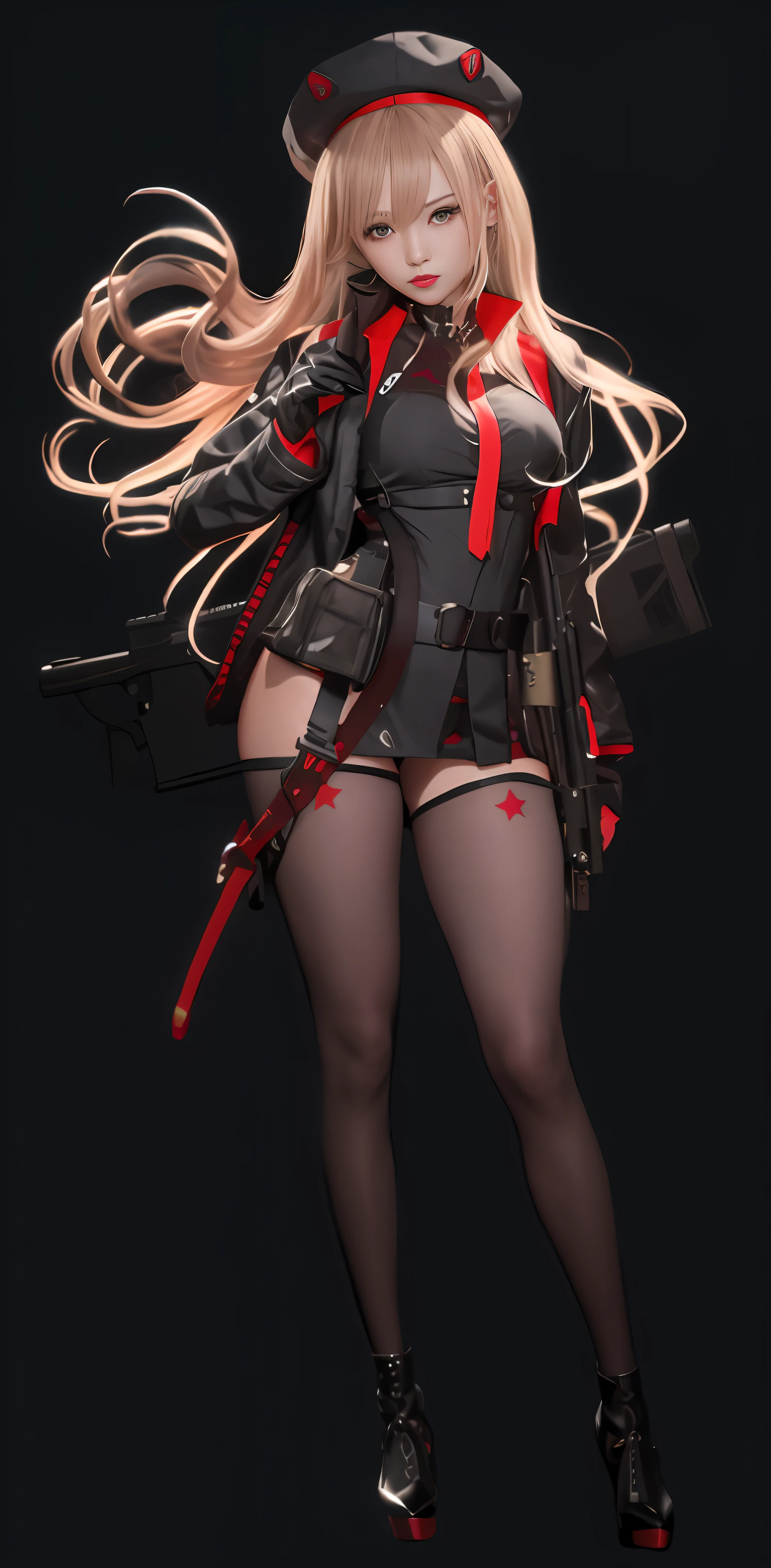 Goddess of Japan with a gun on her back, Wearing a red and black hat and a red and black uniform、Cosplay Gravure Idol、long hair with voluminous brown blonde hair,,,,,,,,,,,,,,,,,,,,,,,,,,,、G Cup、Wearing a black crop jacket with a large collar、Wearing black instep and red palm gloves、The right hand grabs the shoulder strap of the gun on the back at the base of the shoulder.、The waist belt comes with several small pouches、Bullets hang from both sides of the hips to the thighs、Red band hanging from under the chest、Black garter stockings with red star logo、Wear short boots with high heels in red and black intricate design