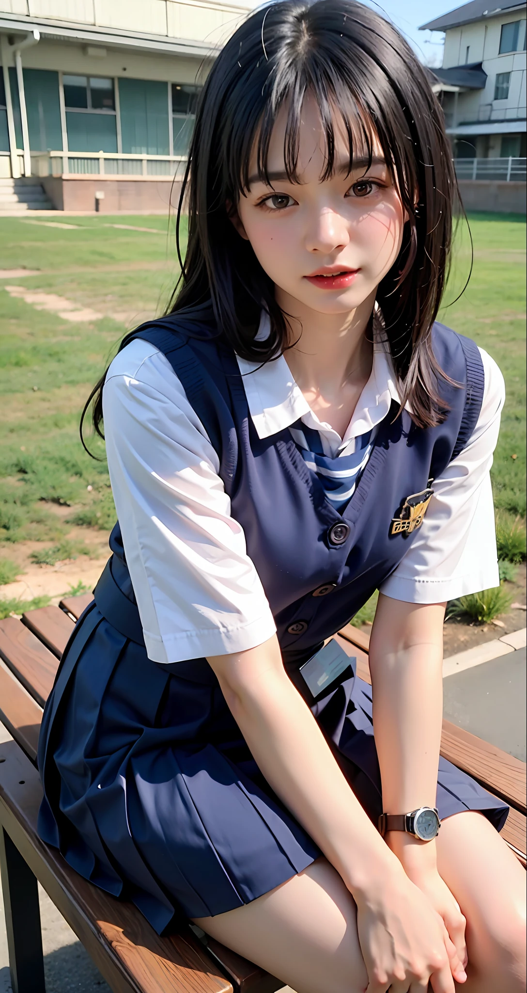 (((top-quality、​masterpiece))、Raw photography、8K、top-quality、 超A high resolution、Beautiful face in every detail、Realistic human skin、Gentle expression、front-facing view、Farbe々From an angle、length hair、realisitic、Photorealsitic、cute little、a short skirt、cute school girl、Japan schoolgirl wearing uniform、Surreal High School Girl、blue-sky、outside of house、baseball field、sitting in a bench、(wrist watch)、