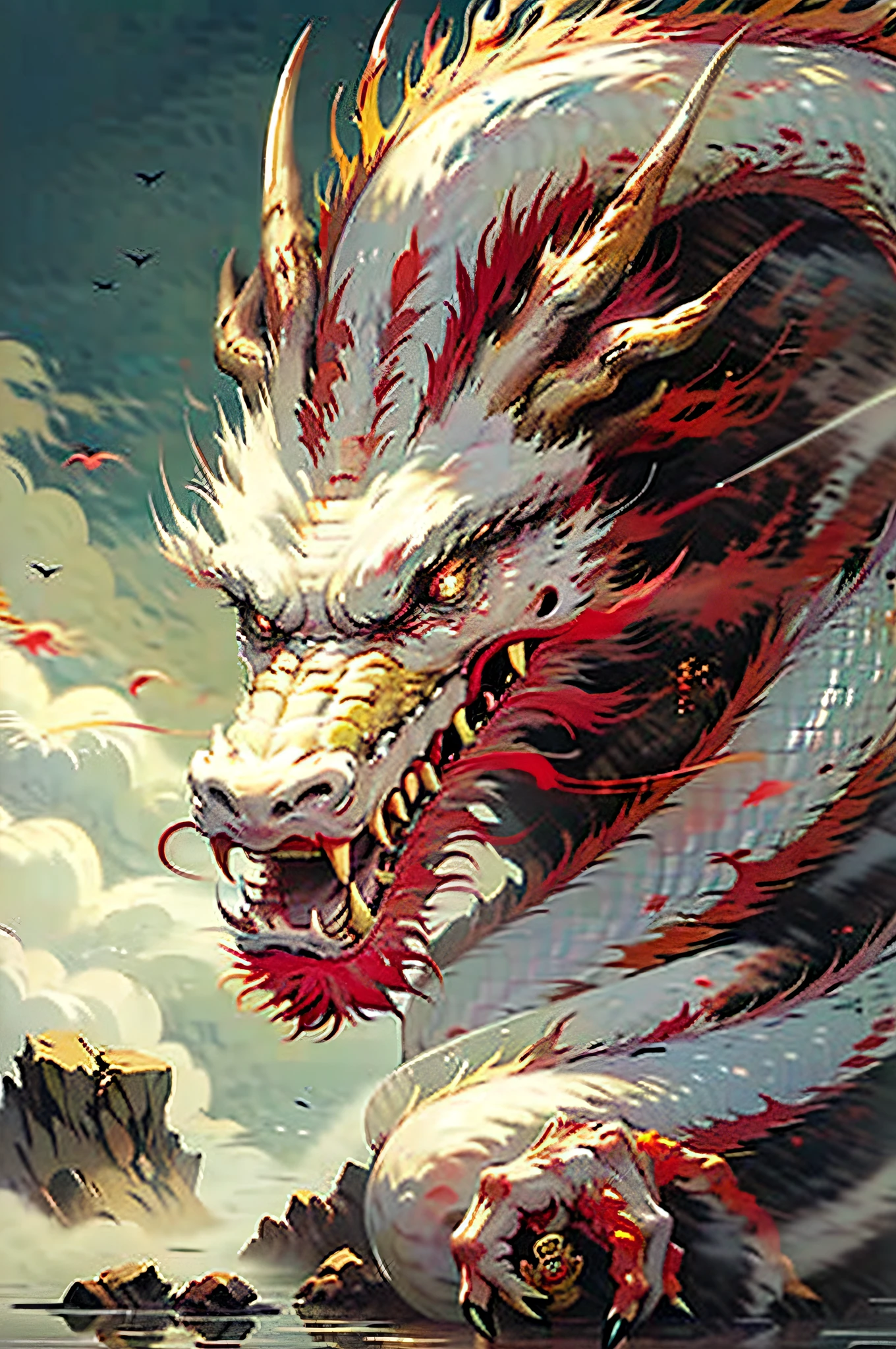 A huge red fire dragon was partially hidden in the mist。A ring is formed around the dragon,From within that ring,A huge faucet appeared。A huge Taurus rushed in front of the dragon's head。high qulity,super-fine,Detailed depiction,movie light effect,4K分辨率