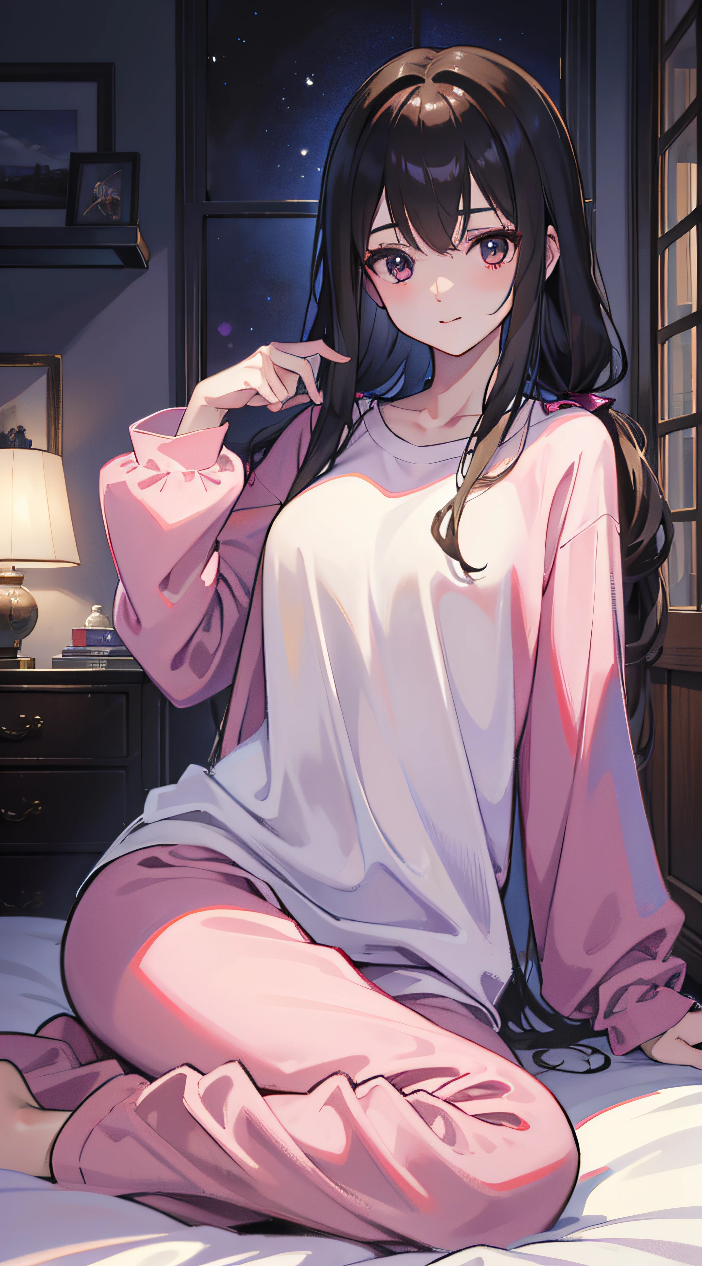 ((top-quality)), ((​masterpiece)), (detaileds:1.4),Woman sitting on floor in pink pajamas and cactus, sleepwear, wearing pajama, wearing a baggy pajamas, cartoonish cute, wearing white pajamas, Long sleeves,poneyTail,Brown hair，Good night, autumn season, satin, Laughing,a smile, high quality material bssrdf, sleepy, Stylish, krystal, Silk, Cosy,full bodyesbian，HDR(HighDynamicRange),Ray traching,NVIDIA RTX,Hyper-Resolution,Unreal 5,sub-surface Scattering,PBR Texturing,Postprocess,Anisotropy Filtering,depth of fields,Maximum clarity and sharpness,multi-layer texture,Albedo and specular maps,Surface Shading,Accurate simulation of light-material interactions,perfectly proportions,Octane Rendering,Two-tone lighting,Wide aperture,Low ISO、White Balance、thirds rule、8K RAW、