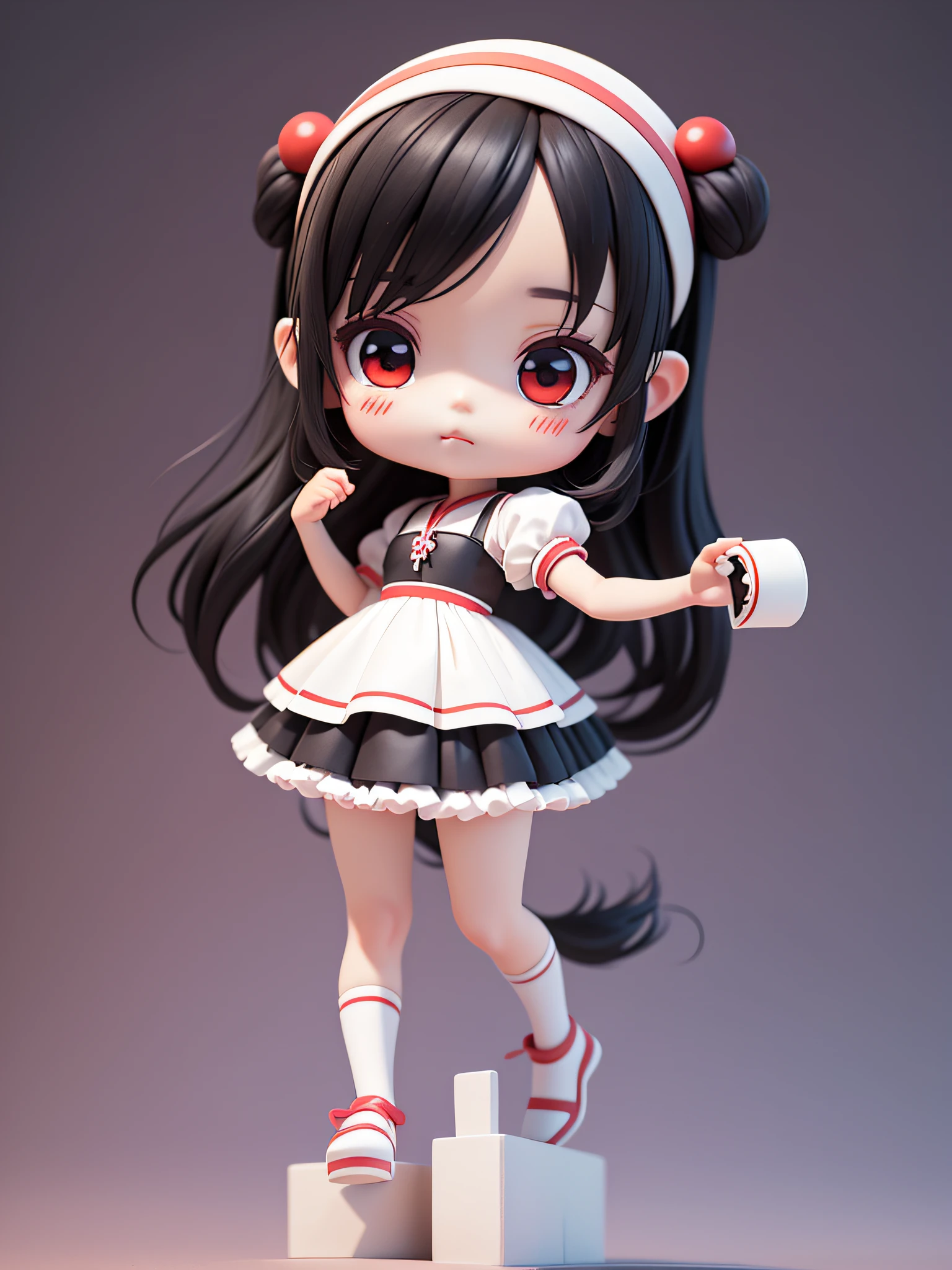 (​masterpiece)、(top-quality)、(Full body:1.2)、Drunk、red blush、Very cute and beautiful chibi anime girl, Straight black hair, Black eye, White cooking clothes, Simple flat background, Full body, Standing, Highly detailed face and eyes, Clearly outlined, Solo