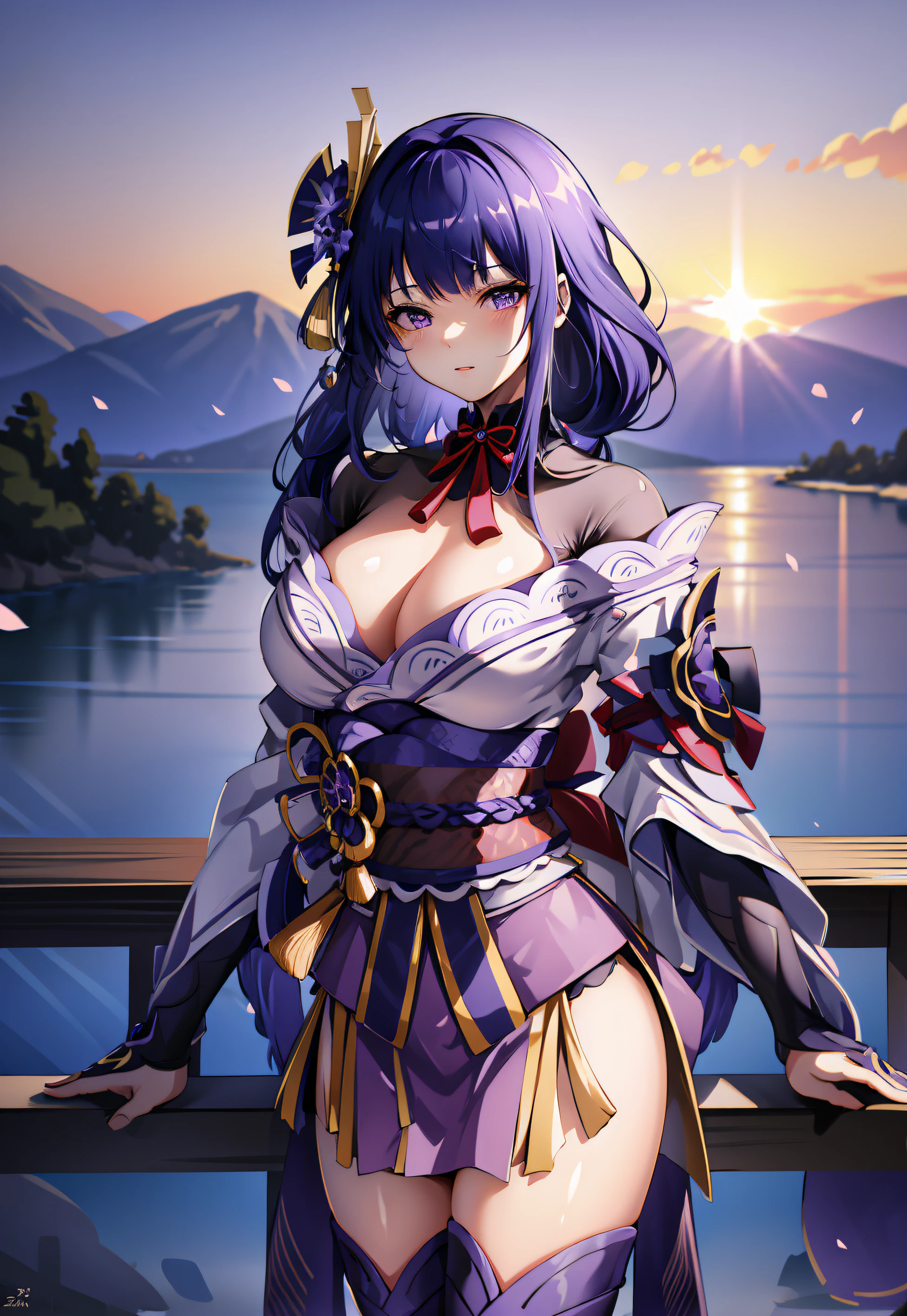 (masterpiece), 1girl, full body,(raiden shogun:1), soft lighting,purple hair,purple eyes, detailed eyes,large breast, braid, braided ponytail,bangs, hair ornament,hyper detailed, japanese clothes, long sleeves,wide sleeves, kimono, sash, redsash, thighs,black thighhighs,high heels,highly detailed, beautiful, small details, ultra detailed, best quality, intricate, hyperrealism, sharp, digital illustration, detailed, realism, intricate, 4k, 8k, good anatomy, beautiful lighting, award-winning, photorealistic, realistic shadows, realistic lighting, beautiful lighting, raytracing, intricate details, moody, rule of thirds, masterpiece, (illustration:1.1), highres, (extremely detailed CG, unity, 8k wallpaper:1.1), beautiful face, highly detailed face, ultra realistic, masterpiece, bokeh, extremely detailed, intricate, zoomout, colorful, vibrant colors, side view,outdoors,(lake, mountains, cloud, blue sky, sunset),japanese architecture,looking at viewer,(ulzzang:0.28)