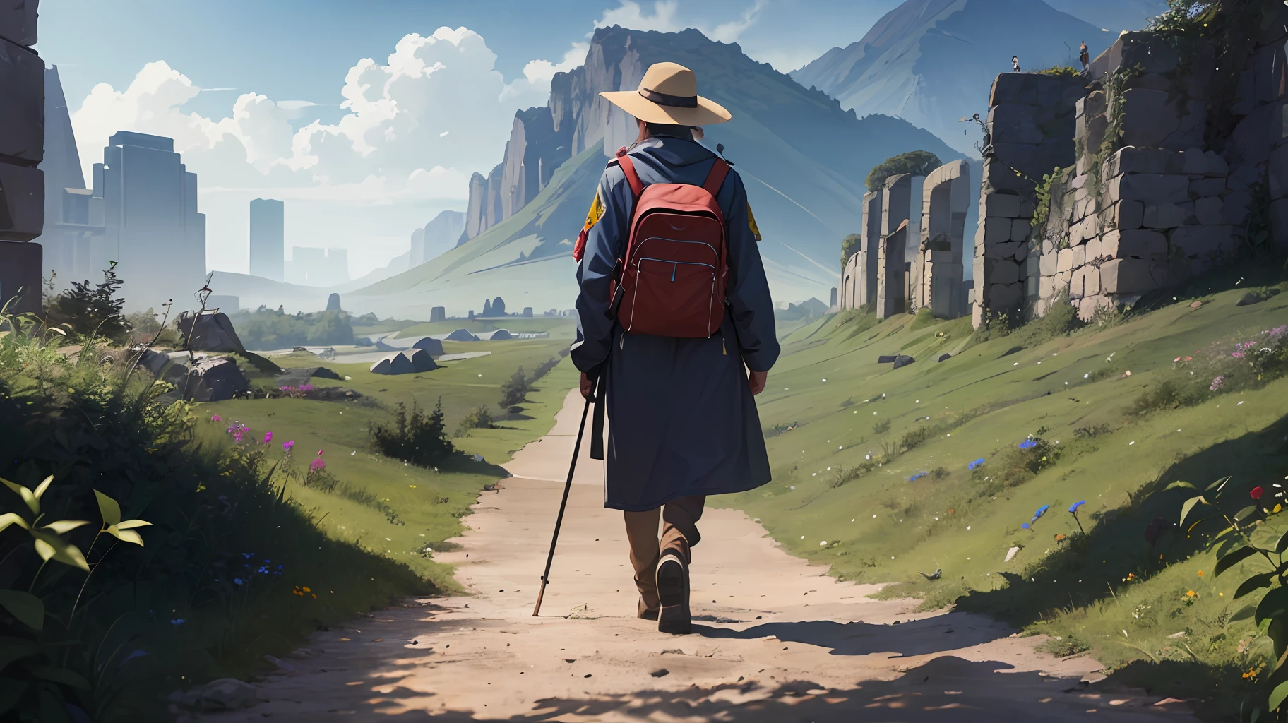 Explorers walk the ancient trail overgrown with weeds