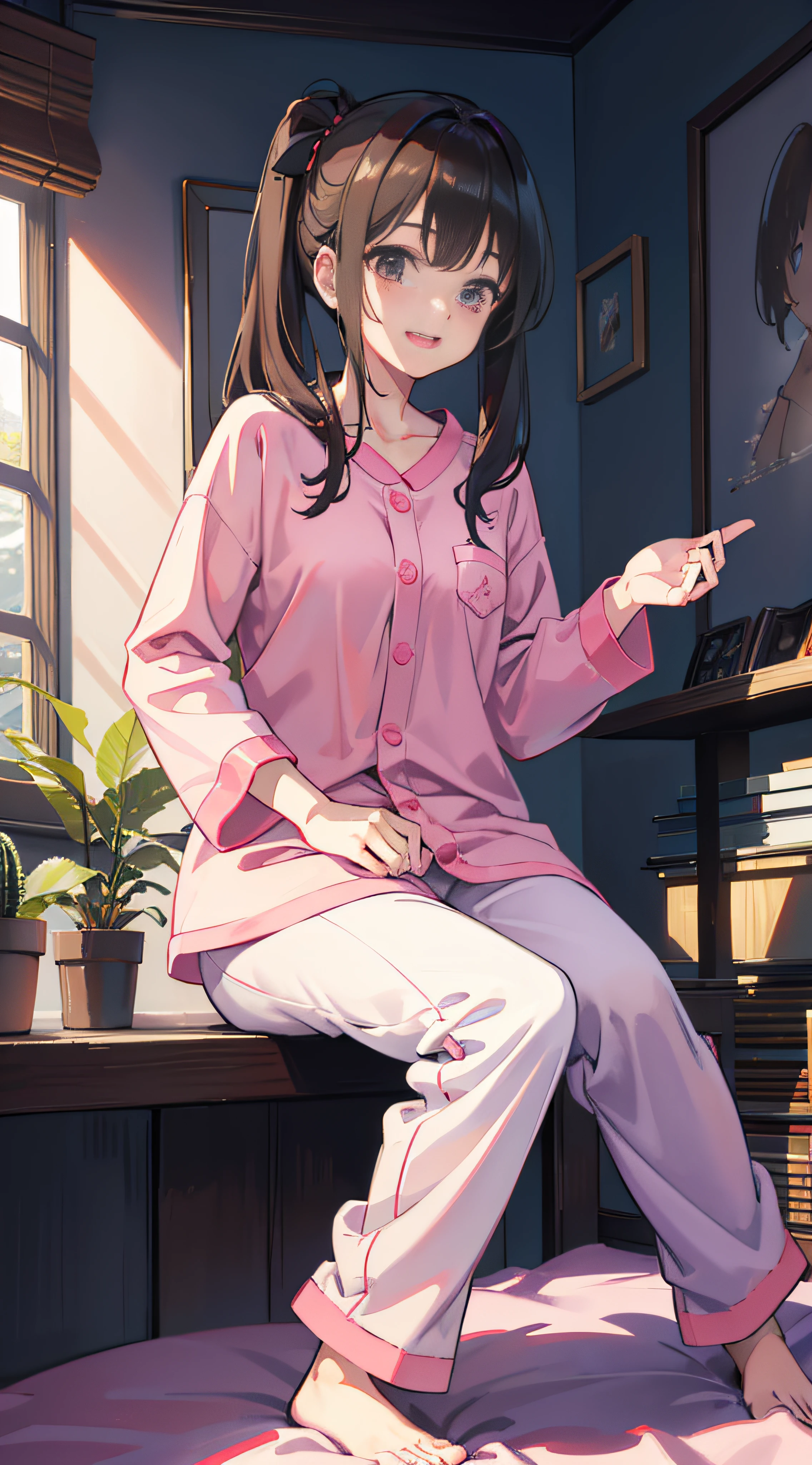 ((top-quality)), ((masterpiece)), (detaileds:1.4),Woman sitting on floor in pink pajamas and cactus, sleepwear, wearing pajama, wearing a baggy pajamas, cartoonish cute, wearing white pajamas, Long sleeves,poneyTail,Brown hair,Good night, autumn season, satin, Laughing,a smile, high quality material bssrdf, sleepy, Stylish, krystal, Silk, Cosy,, a smile、Woman laughing、Laughing with open mouth、HDR(HighDynamicRange),Ray traching,NVIDIA RTX,Hyper-Resolution,Unreal 5,sub-surface Scattering,PBR Texturing,Postprocess,Anisotropy Filtering,depth of fields,Maximum clarity and sharpness,multi-layer texture,Albedo and specular maps,Surface Shading,Accurate simulation of light-material interactions,perfectly proportions,Octane Rendering,Two-tone lighting,Wide aperture,Low ISO、White Balance、thirds rule、8K RAW、