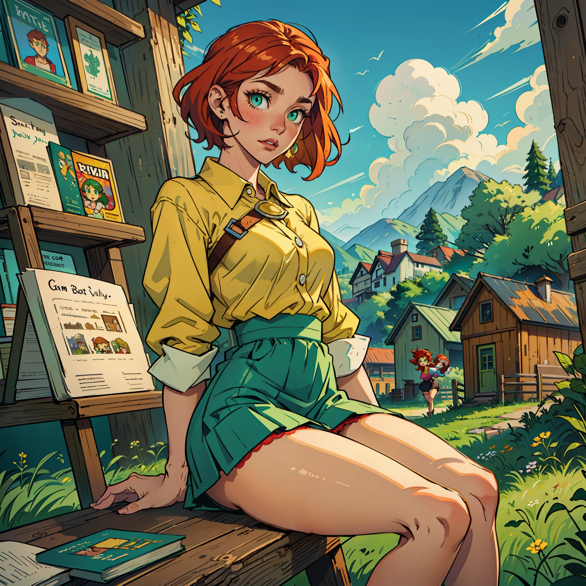 Stardew Valley, game, Pixel Art, Penny, Redhead, Short Hair Hair, teacher, Cartoon, animification, farm, Books, yellow blouse, upskirt, lace linge, pectorals, figure, Green eyes.