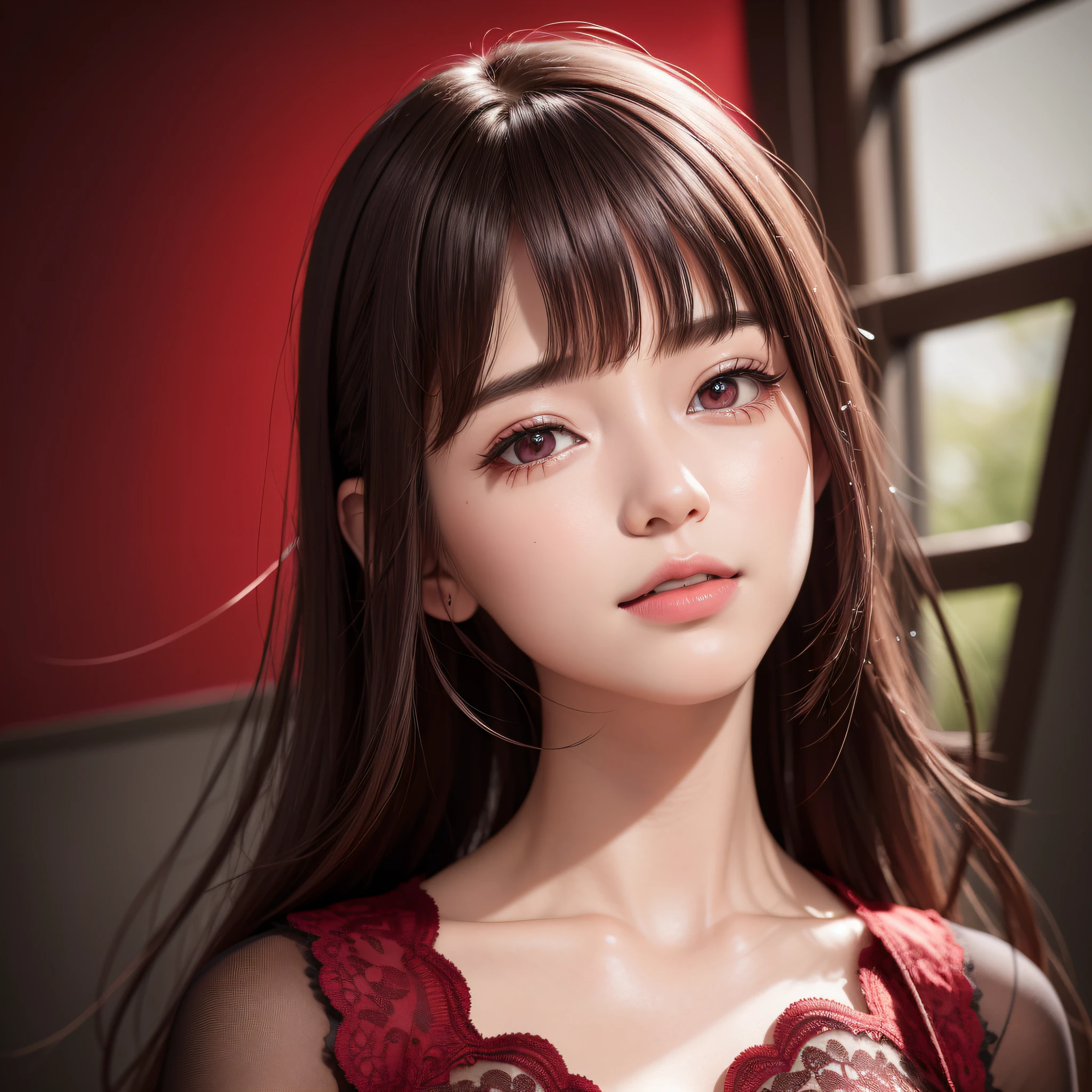 (8K、RAW Photos、Photorealsitic:1.25)、 dark red and bright red,, dark burgundy and bright crimson color,, , (lipgloss、Eye lashes、Shiny face、shinny skin、best qualtiy、超A high resolution、depth of fields、chromatic abberation、Caustics、Wide range of lighting、Natural Shading) Look at the viewer and smile, Happy as a heavenly maiden、