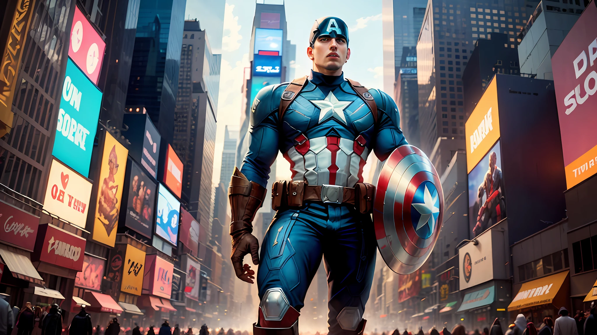 Character: Captain America - Steve Rogers Universe: Marvel Location: Times Square, New York City, USA Scene: Captain America walking Description: Bustling and vibrant urban cityscape at Times Square Camera: Full-body shot Focus: Front-facing portrait Lighting: Intense sunlight Theme: Futuristic and modern Quality: High-detail, captured in 8K resolution In this midjourney moment, we find the iconic Marvel character, Captain America - Steve Rogers, confidently striding through the bustling Times Square in New York City. The camera captures him in a high-detail, full-body shot, presenting a front-facing heroic profile. The vibrant and lively atmosphere of Times Square, bathed in intense sunlight, adds to the futuristic and modern ambiance. As the intense sunlight accentuates Captain America's resolute features, he embodies the spirit of the future, standing tall amidst the dynamic cityscape. This 8K scene captures every intricate detail of his legendary costume, ensuring that every nuance of his presence is visible. In this extraordinary moment, the blend of modernity and heroism is on display, creating an awe-inspiring scene of Captain America's midjourney in the heart of New York's Times Square. The high-quality, high-detail imagery elevates the experience, immersing fans and viewers in the hero's world like never before, --auto --s2