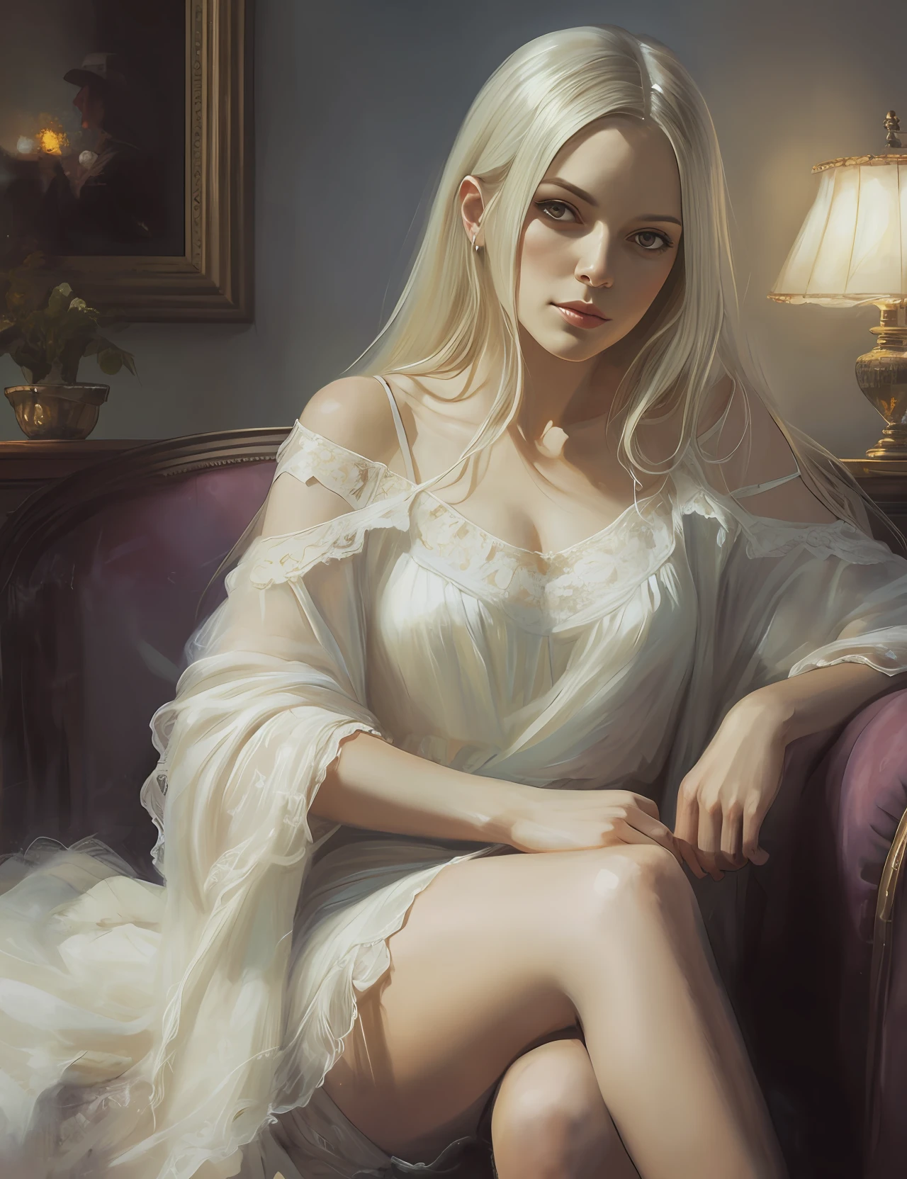 painting, a portrait of a woman, platinum blond, sitting on the sofa, cozy atmosphere, illustration, art by Jeremy Mann:1.3, closeup:1.15 --auto --s2
