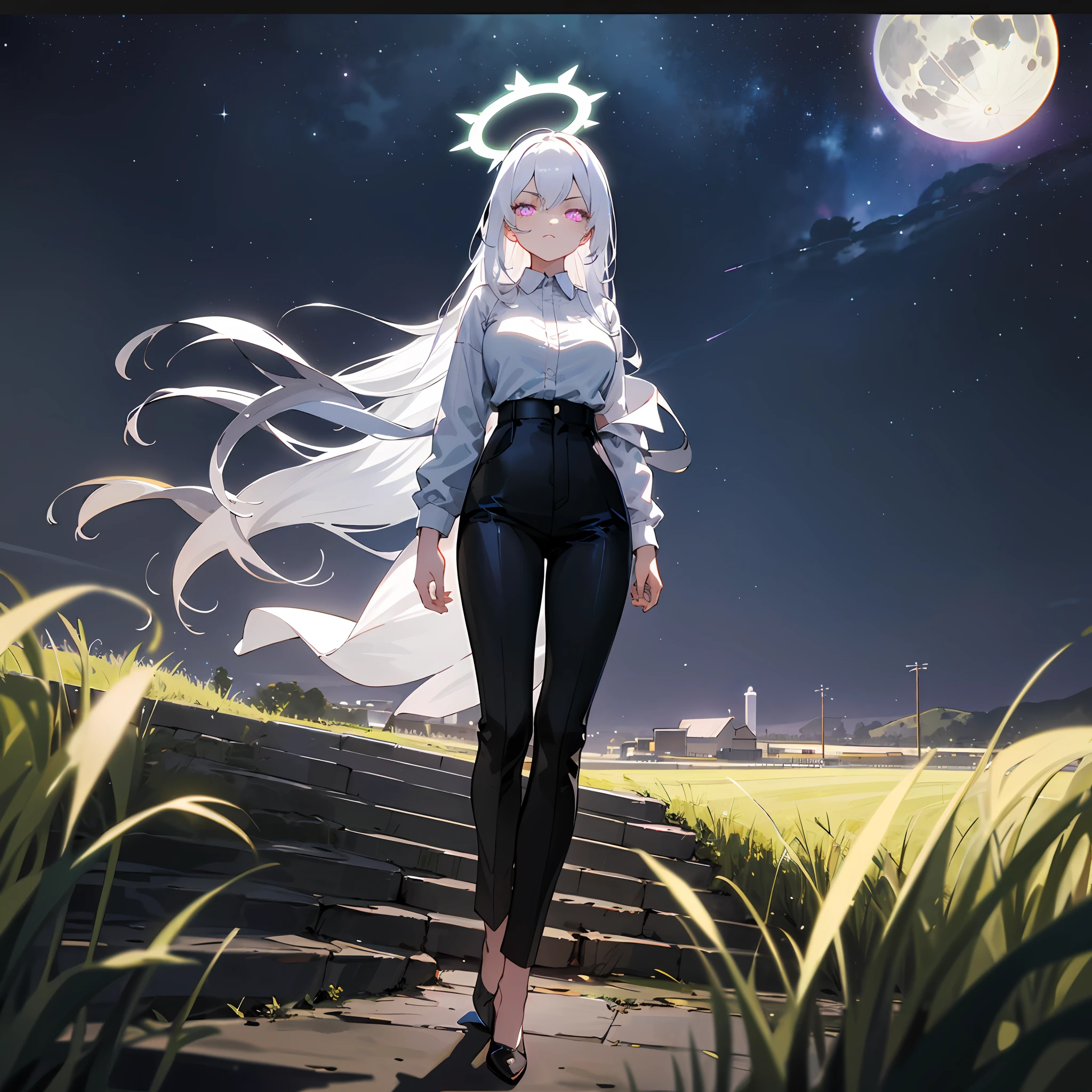 1((masterpiece,best quality,highest quality,illustration,intricate details)),white hair, white halo, blue archive style halo, standing, black lather jacket, white shirt, long black pants, white high heels, big breasts, (long hair), 1girl, dark violet eyes, glowing dark violet eyes,
Serious face,night,stars, full moon, overlook,kingdom, panorama, landscape,field, rural, looking at viewer,