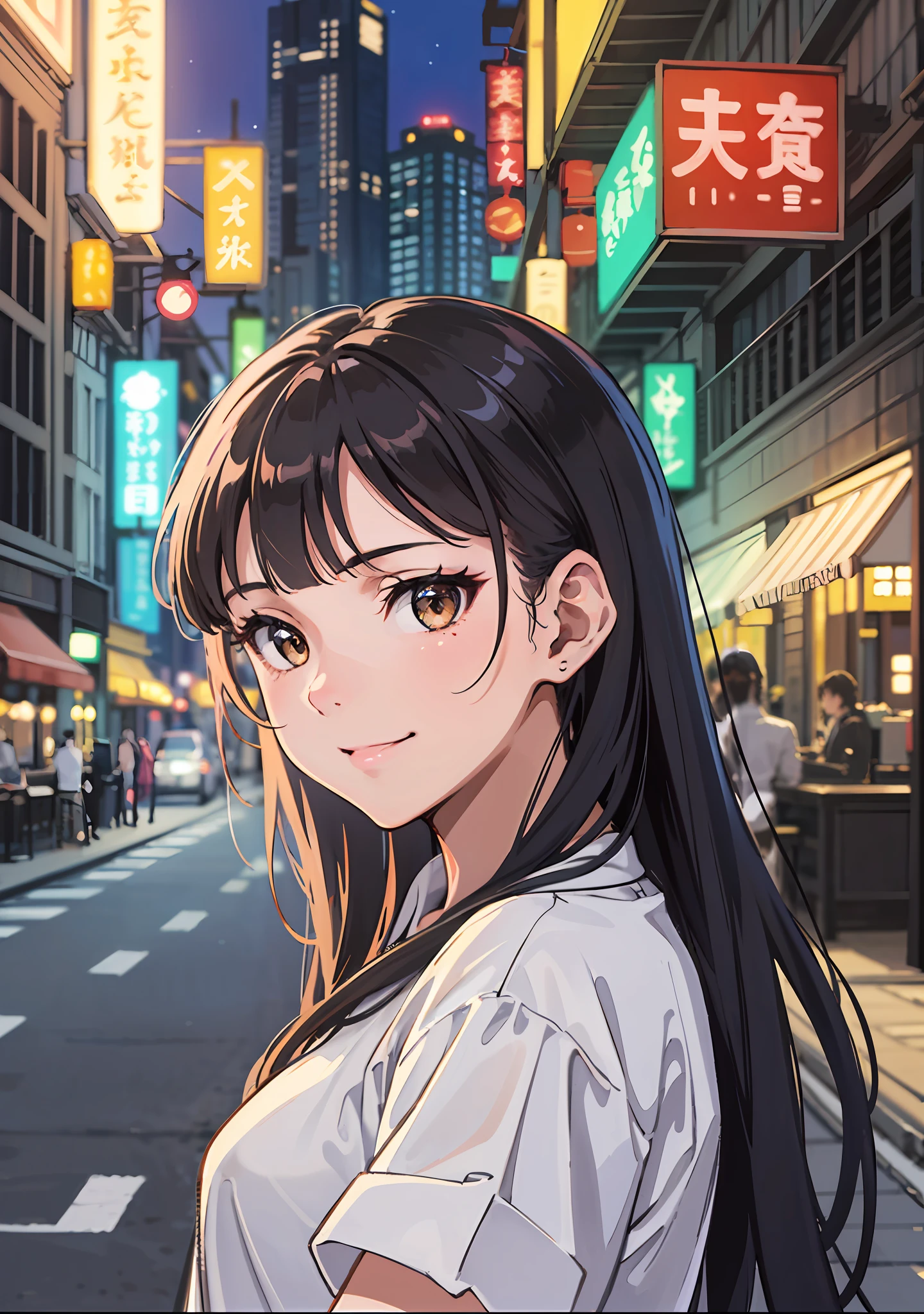 (highres, best quality:1.2), 1girl, (Shimada fumikane artstyle), 1girl, sparkling eyes, radiance, soft contours, (beautiful drawing), upper body, concept art, neon light, eyelashes, long black hair, sakamoto mio, brown eyes, smile, casual wear, summer city background