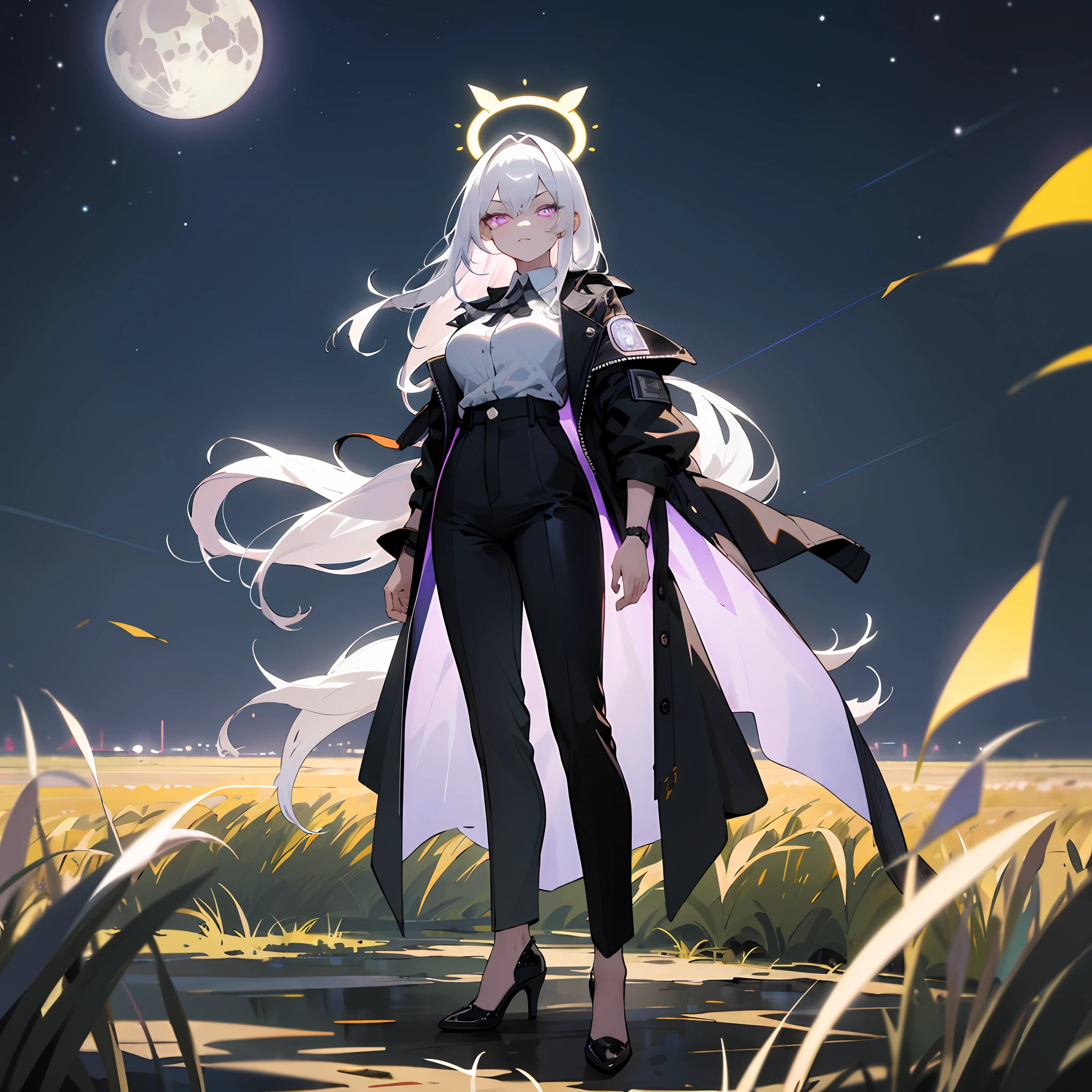 1((masterpiece,best quality,highest quality,illustration,intricate details)),white hair, white halo, blue archive style halo, standing, black lather jacket, white shirt, long black pants, white high heels, big breasts, (long hair), 1girl, dark violet eyes, glowing dark violet eyes,
Serious face,night,stars, full moon, overlook,kingdom, panorama, landscape,field, rural, looking at viewer,