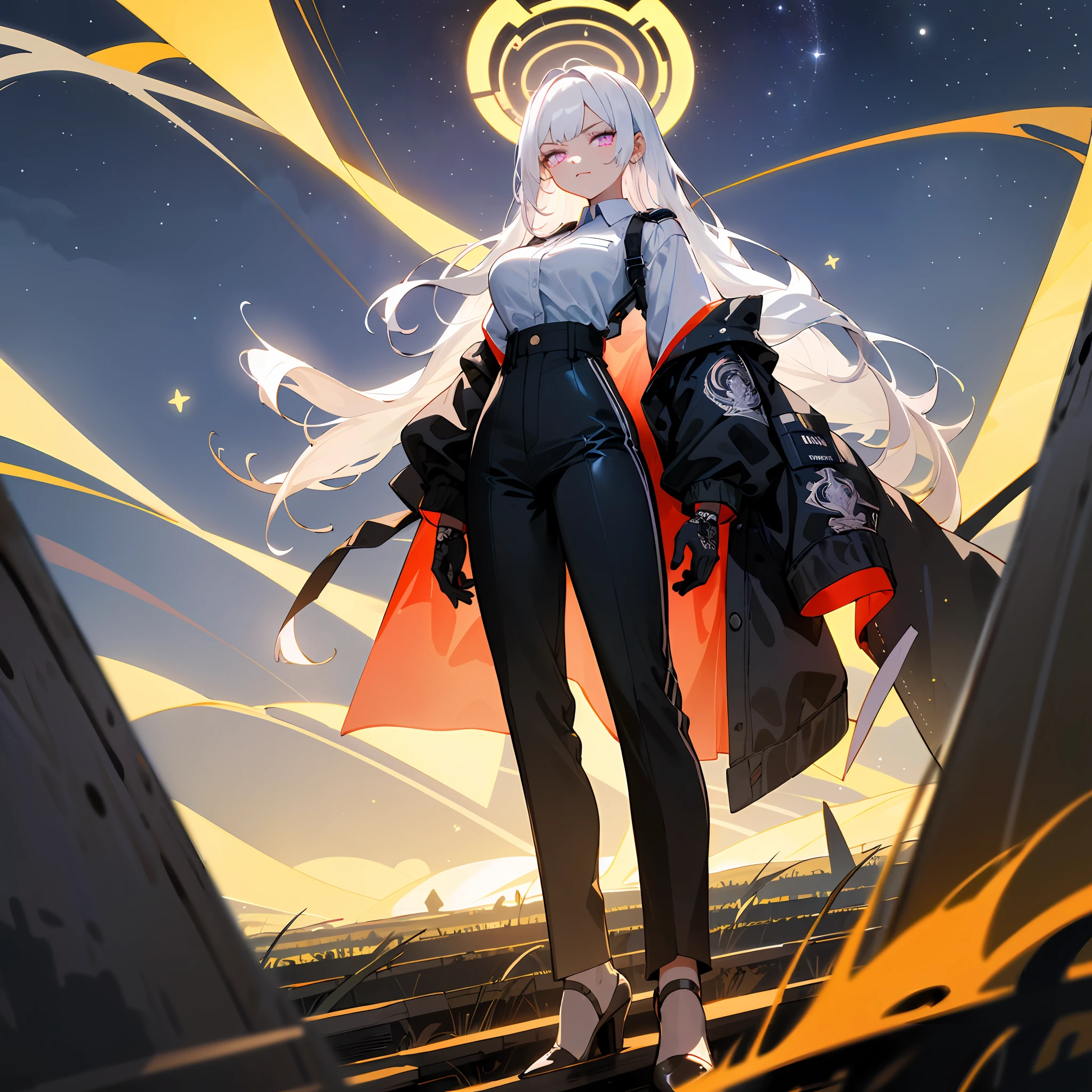 1((masterpiece,best quality,highest quality,illustration,intricate details)),white hair, white halo, blue archive style halo, standing, black lather jacket, white shirt, long black pants, white high heels, big breasts, (long hair), 1girl, dark violet eyes, glowing dark violet eyes,
Serious face,night,stars, full moon, overlook,kingdom, panorama, landscape,field, rural, looking at viewer,