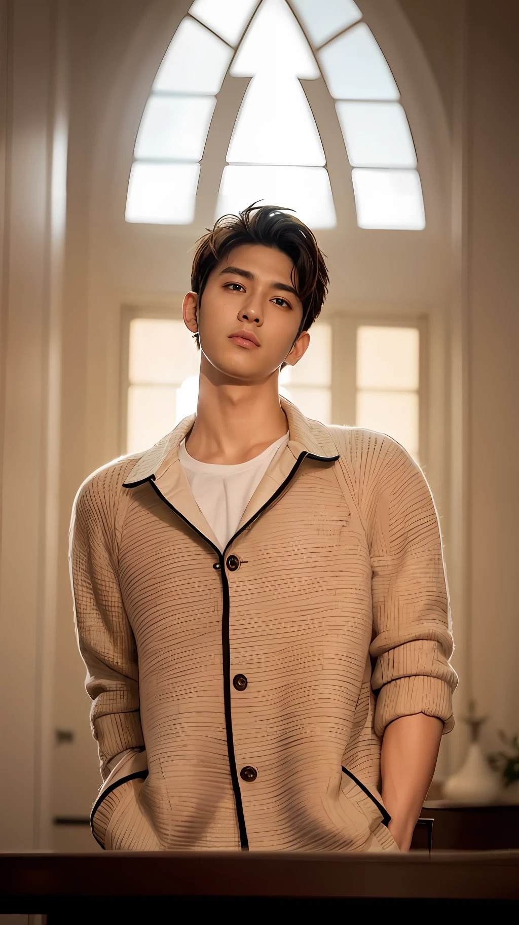 best quality, masterpiece, (photorealistic:1.4), 1youthful man,22 years-old, ultra high detail face,solo, short hair, big eyes, coat,long sleeves, upper body, dramatic lighting, looking at viewer, standing, indoors, living room, tables, carpet, wooden floor, decorations, window, sunshin