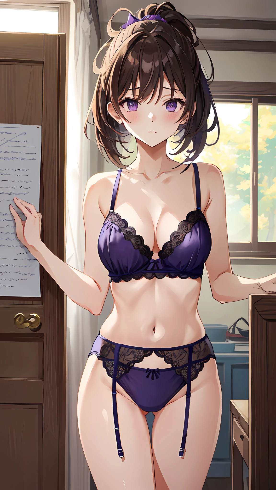 ((masutepiece)), ((Best Quality)), 8K, detaileds, Ultra-detailed, Detailed and Intricicated, 1girl in, brown haired, poneyTail, in one's underwear only, Purple lingerie, Staring at me in embarrassment,