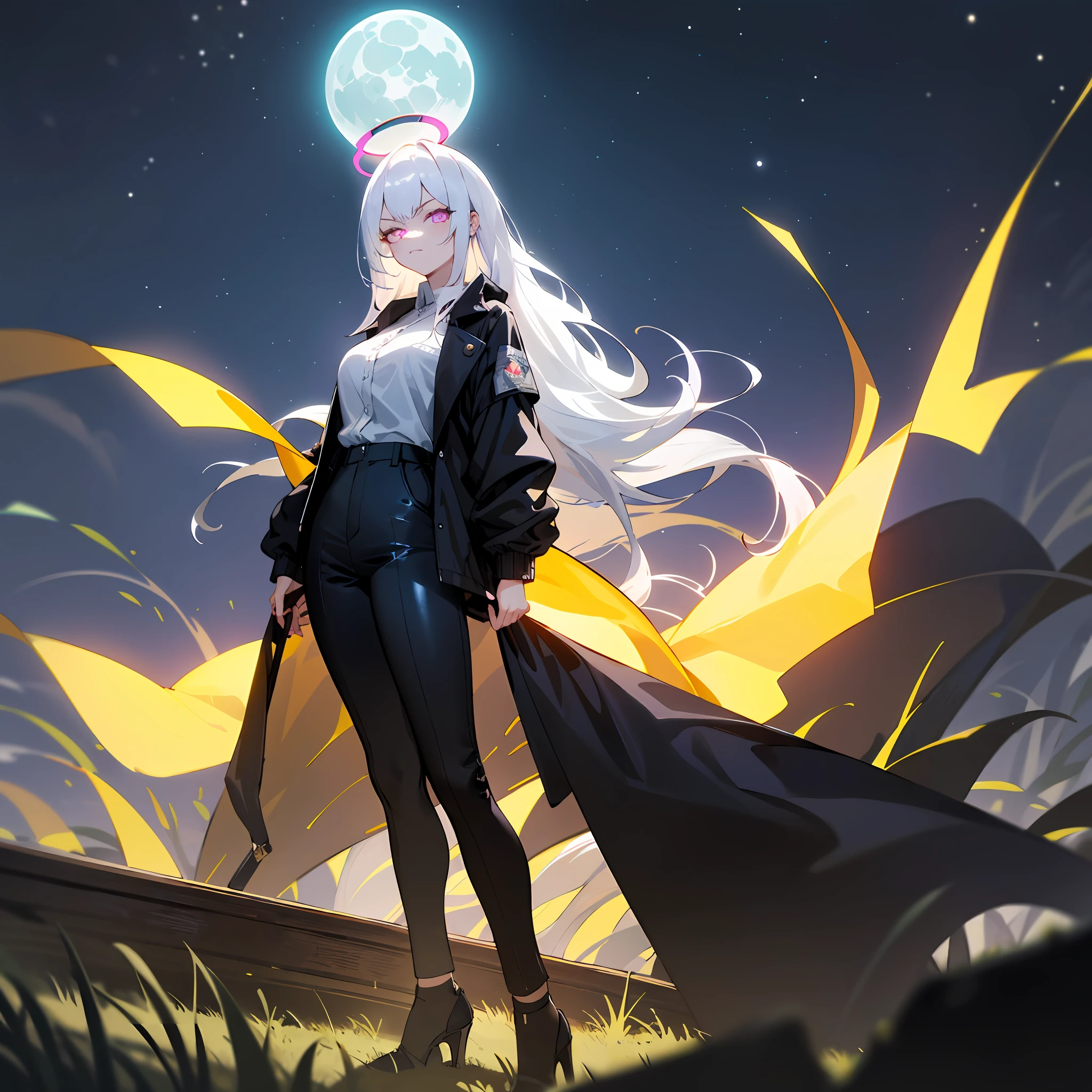 1((masterpiece,best quality,highest quality,illustration,intricate details)),white hair, white halo, blue archive style halo, standing, black lather jacket, white shirt, long black pants, white high heels, big breasts, (long hair), 1girl, dark violet eyes, glowing dark violet eyes,
Serious face,night,stars, full moon, overlook,kingdom, panorama, landscape,field, rural, looking at viewer,