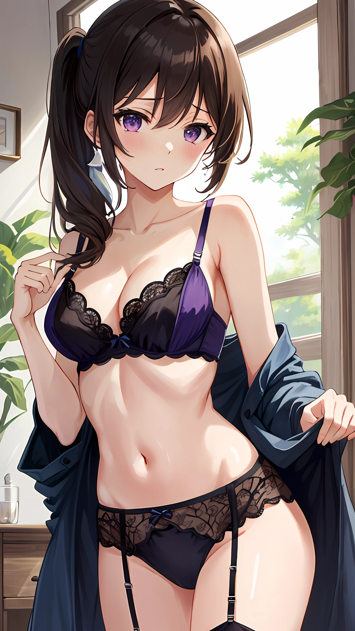 ((masutepiece)), ((Best Quality)), 8K, detaileds, Ultra-detailed, Detailed and Intricicated, 1girl in, brown haired, poneyTail, in one's underwear only, Purple lingerie, Staring at me in embarrassment,