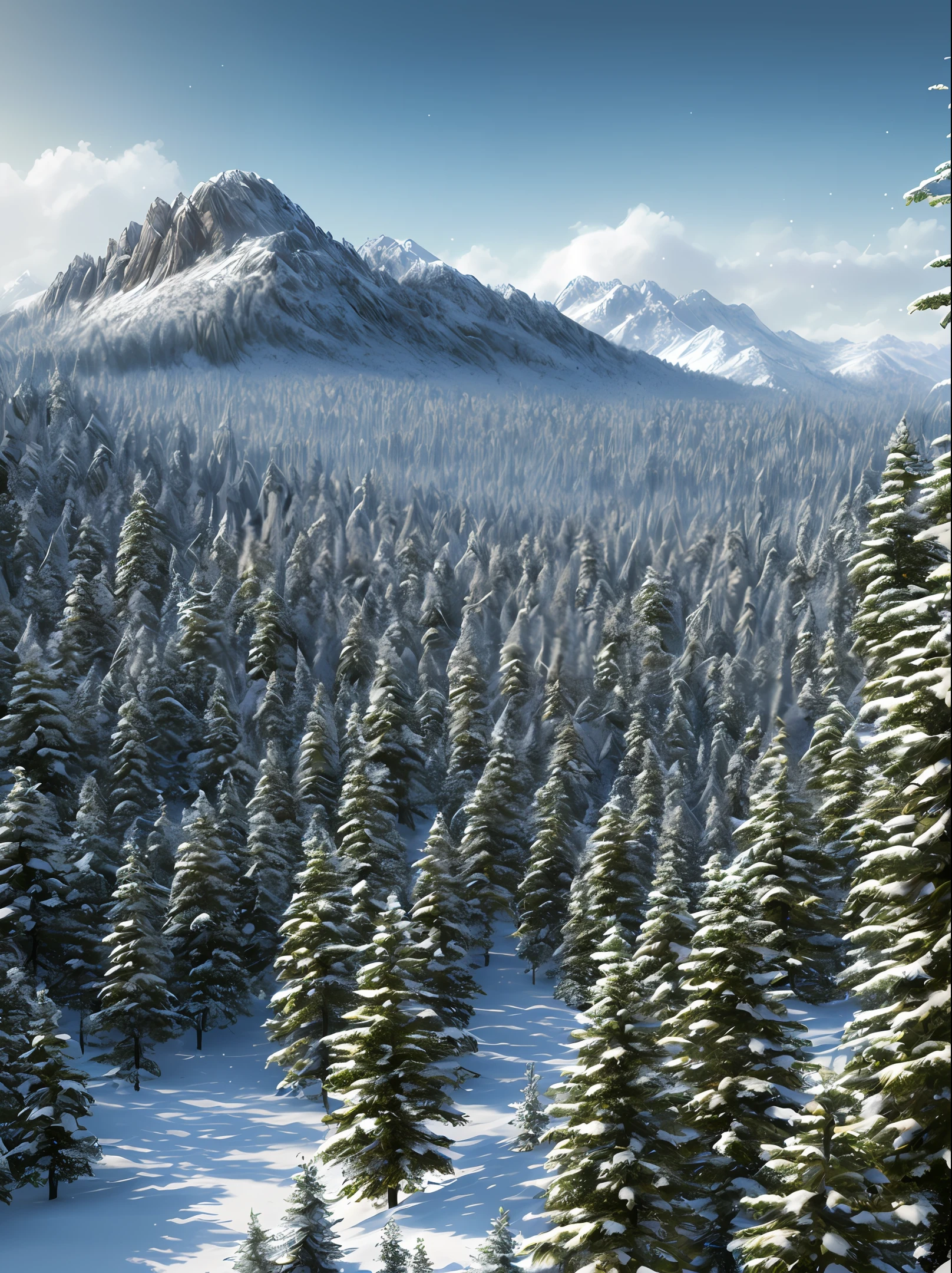 masterpiece, best quality, high quality, extremely detailed CG unity 8k wallpaper, taiga, silence, towering conifers covered with forest floor, harsh cold climate, serene beauty, snow, winter, mild summer, breeze, needles, branches, bokeh, depth fields, HDR, bloom, chromatic aberration, photorealistic, extremely detailed, popular on artstation, popular on CGsociety, complex, high detail, dramatic, art midway
