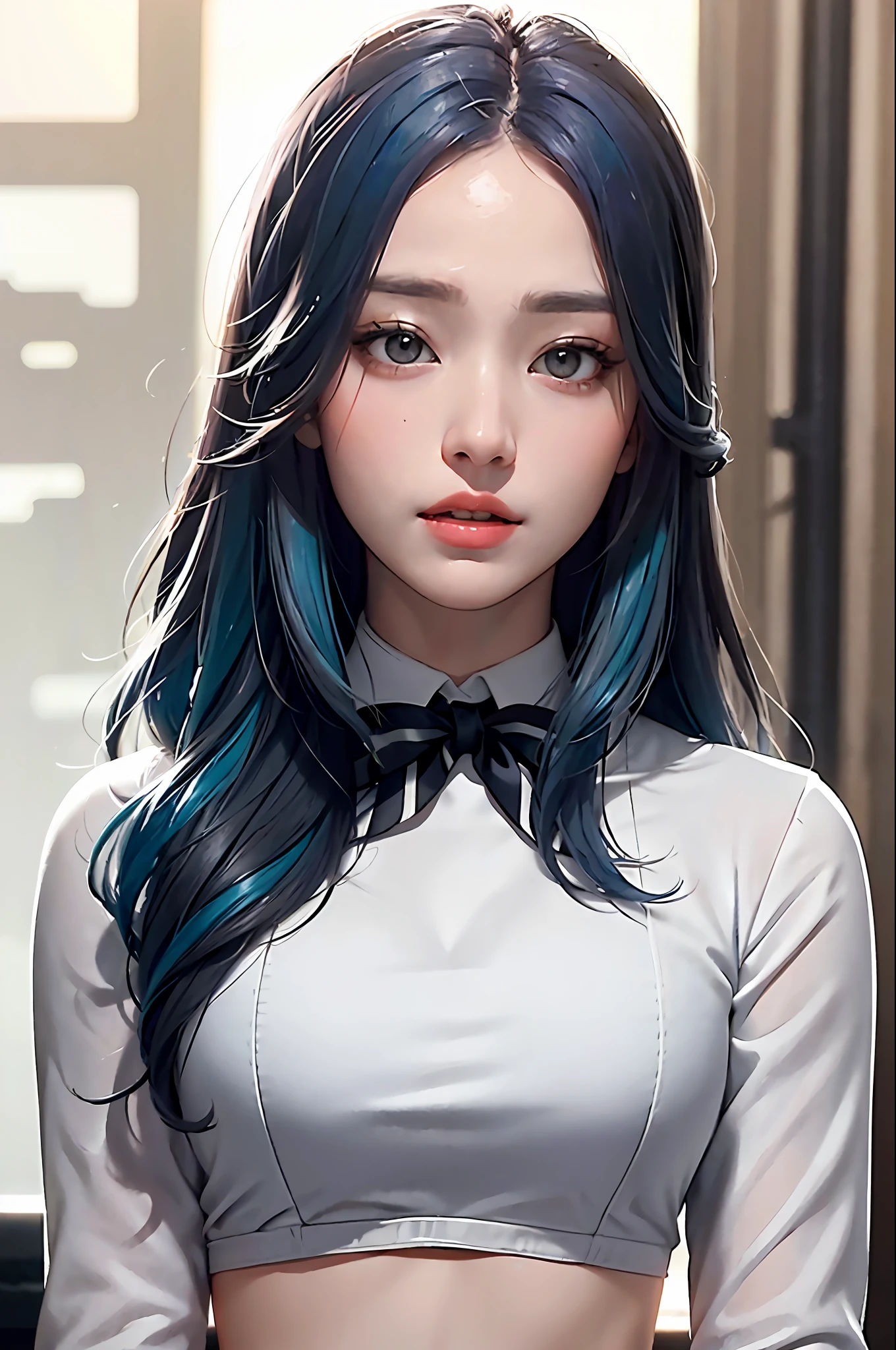 masterpiece, exquisite, illustration, {beautiful and meticulous girl}, beautiful and detailed halo, (fire of war: 1.2), (nuclear explosion behind: 1.3), rain, detailed lighting, detail water, (beautiful and detailed eyes: 1.1), expressionless, palace, sky blue hair, scattered hair, long bangs, eyebrows, (white-gray dress: 1.1), black ribbon, white bow tie, upper abdomen, big forehead, dull, flower, long sleeves