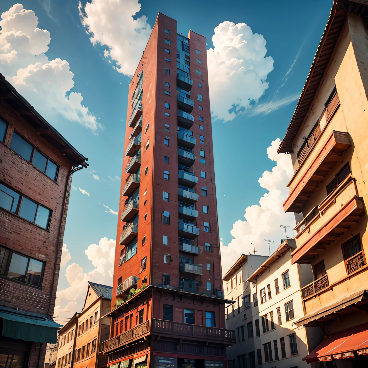 Ancient wind,Quaint,Chinese,Restaurant hostel,towering,The exterior of the entire building,wood,high rise,towering,Located in a bustling downtown area,Individual building,with blue sky and white clouds