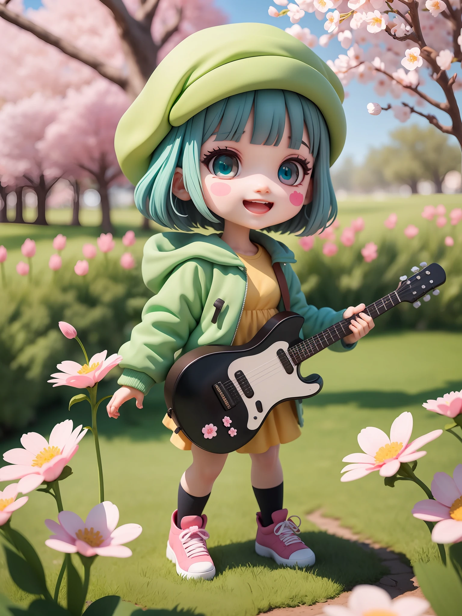 (masterpiece),(best quality),(ultra-detailed), (full body:1.2),
1girl,chibi,cute, smile, open mouth,
flower, outdoors, playing guitar, music, beret, holding icecream, jacket green, blush, tree, :3, shirt, short hair, cherry blossoms, green headwear, blurry, silver hair, blush stickers, long sleeves, bangs, black hair, pink flower,
(beautiful detailed face), (beautiful detailed eyes),