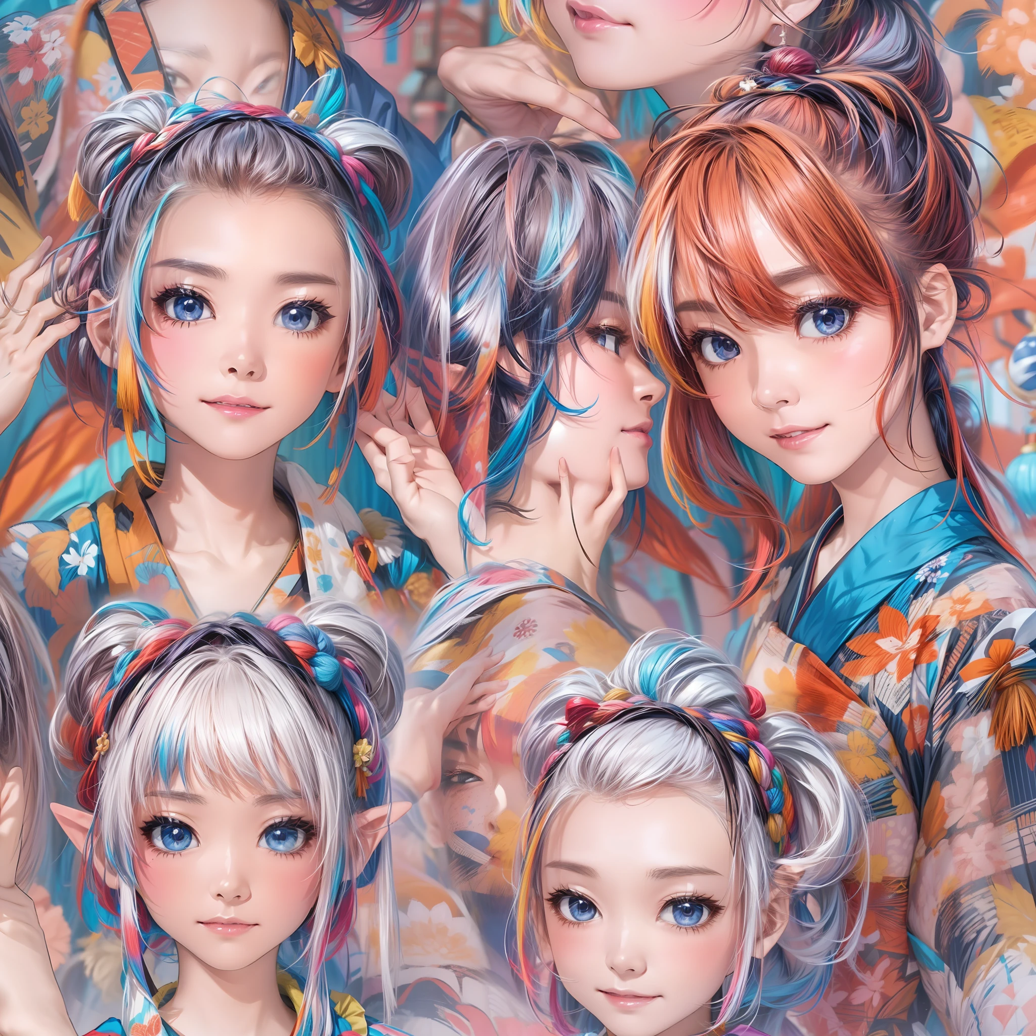 8k,Whole face,Face Up、only face、force、tosen、Passionate、Special Move、poneyTail、Inner color colorful、age19、Kimono pattern and futuristic tightwear
