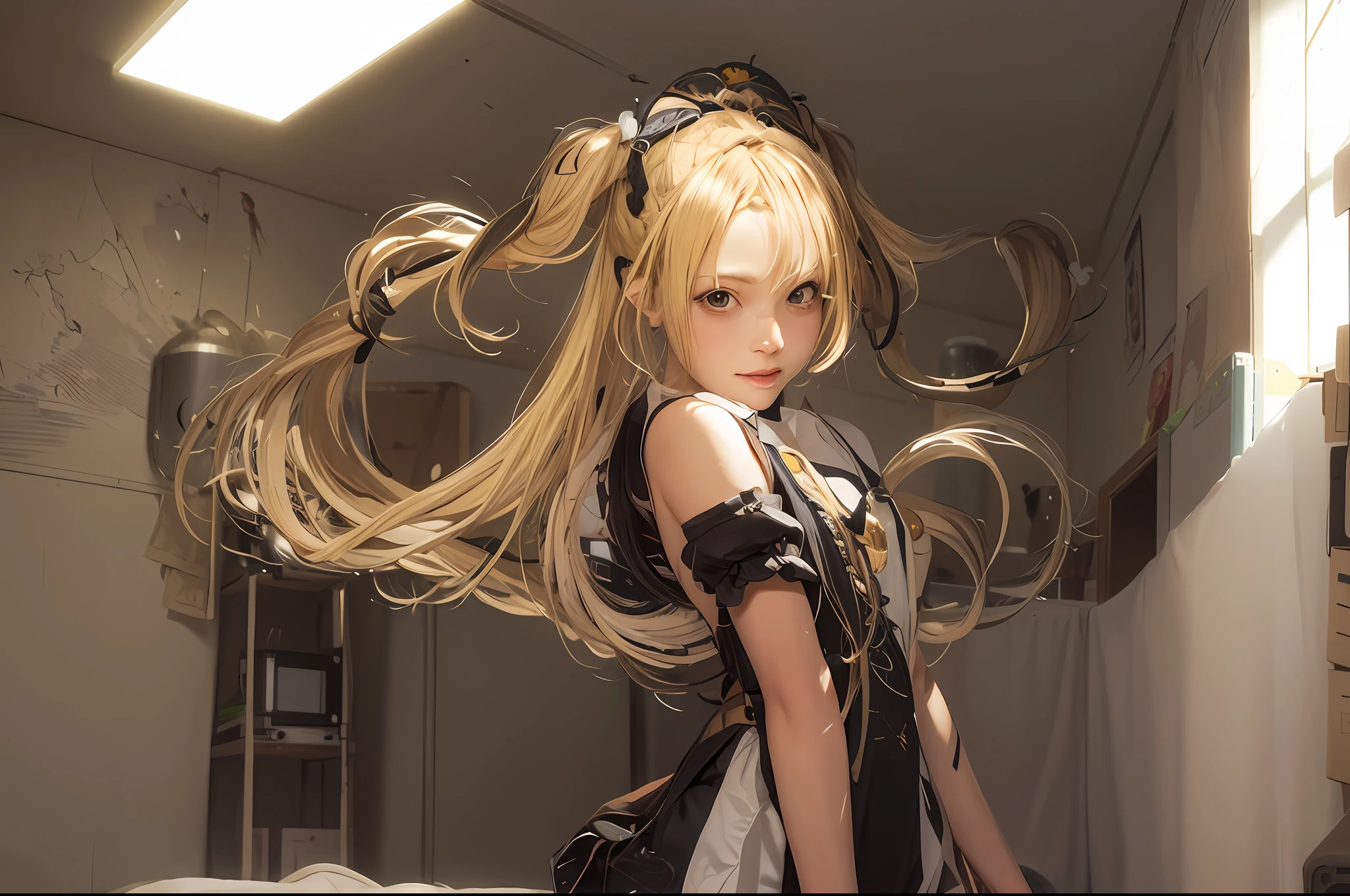 The blonde woman with long hair sat on the bed in the room, Anime girl cosplay, blond hair with pigtails, Twin tail hairstyle, long pigtail, Anime girl with long hair, braidedhair, braid hairstyle, hair in pigtails, with black pigtails, Anime girl in real life, girl with super long hair, double tails